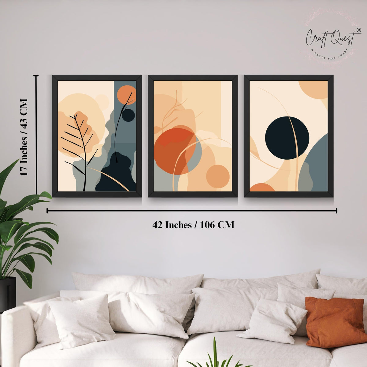 CRAFT QUEST Wall Art Decor Paintings | Set of 3 BOHO Wall Art Frames for Home Decoration | Ideal for Living Room, Officess & Bedrooms