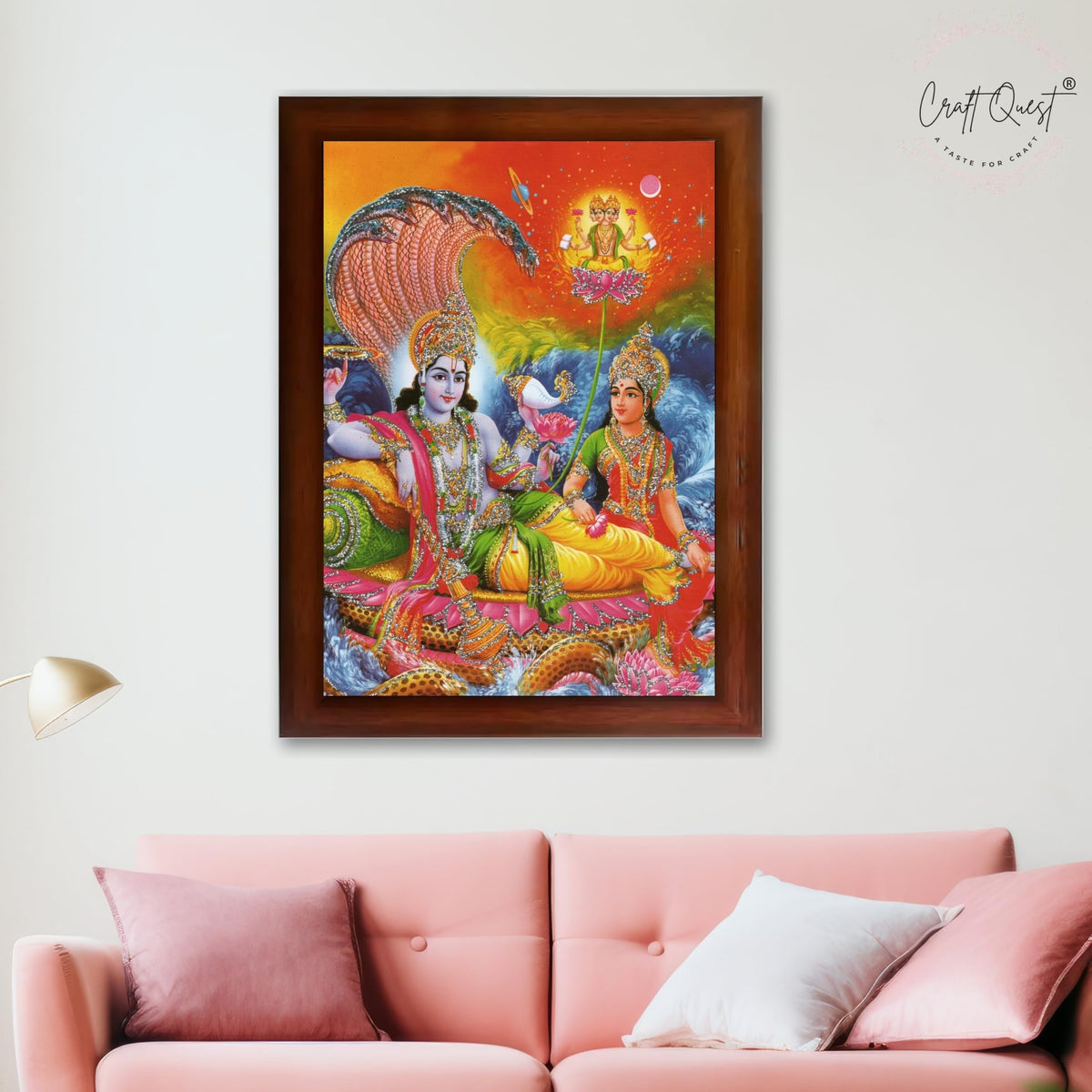 CRAFT QUEST Lord Vishnu Dev Lakshmi Devi Laxmi Narayan Ji Wall Painting Framed Home Décor