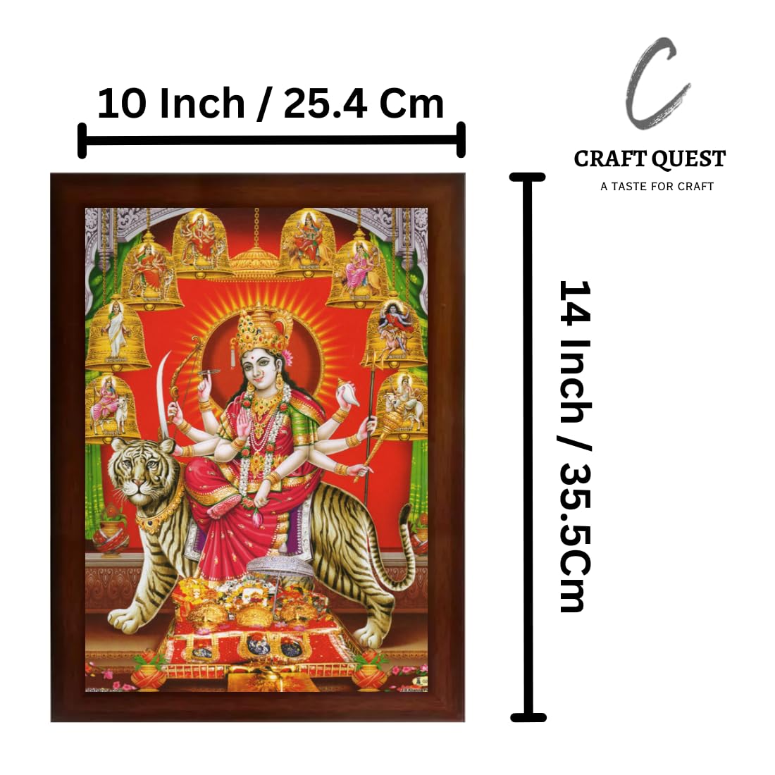 Craft Quest Nav Durga mata photo with brown frame, God Religious Framed Painting (Large Size 14 X 10 Inches. Multicolour)