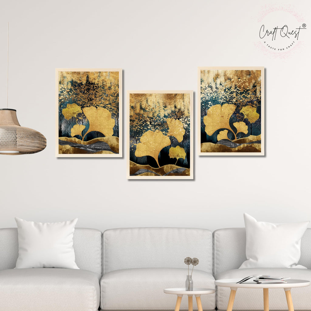 CRAFT QUEST Modern Art Of Ginko Leaves With Golden Mountains Wall Art | Set of 3 Frames for Home Decoration | Ideal for Living Room, Bedroom & Offices