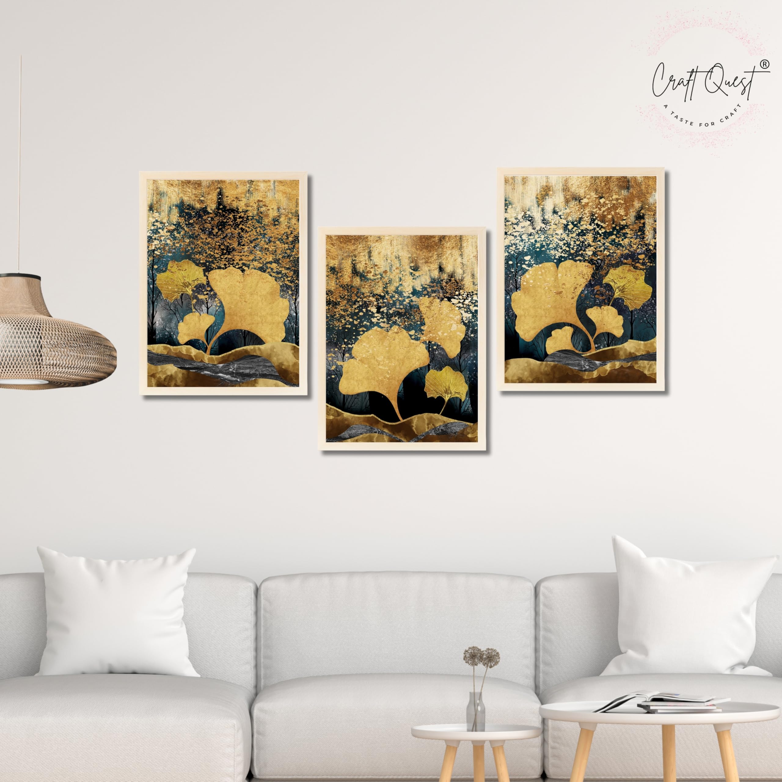 CRAFT QUEST Modern Art Of Ginko Leaves With Golden Mountains Wall Art | Set of 3 Frames for Home Decoration | Ideal for Living Room, Bedroom & Offices