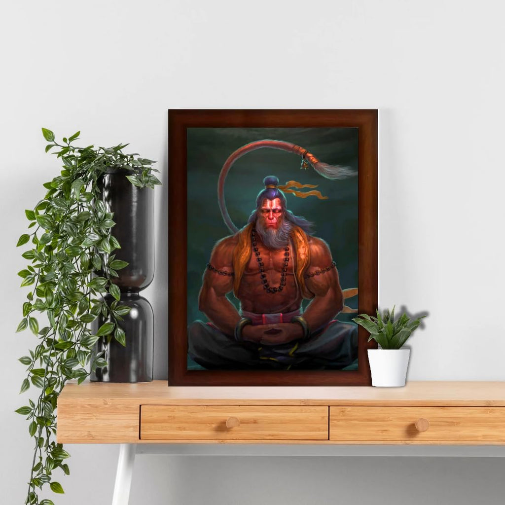 CRAFT QUEST Hanuman Jii Religious Wood Photo Frames with Acrylic glass for Worship/Pooja (Photoframe, Multicolour, 14 X 10 Inch)-, Wall Mount, Rectangular