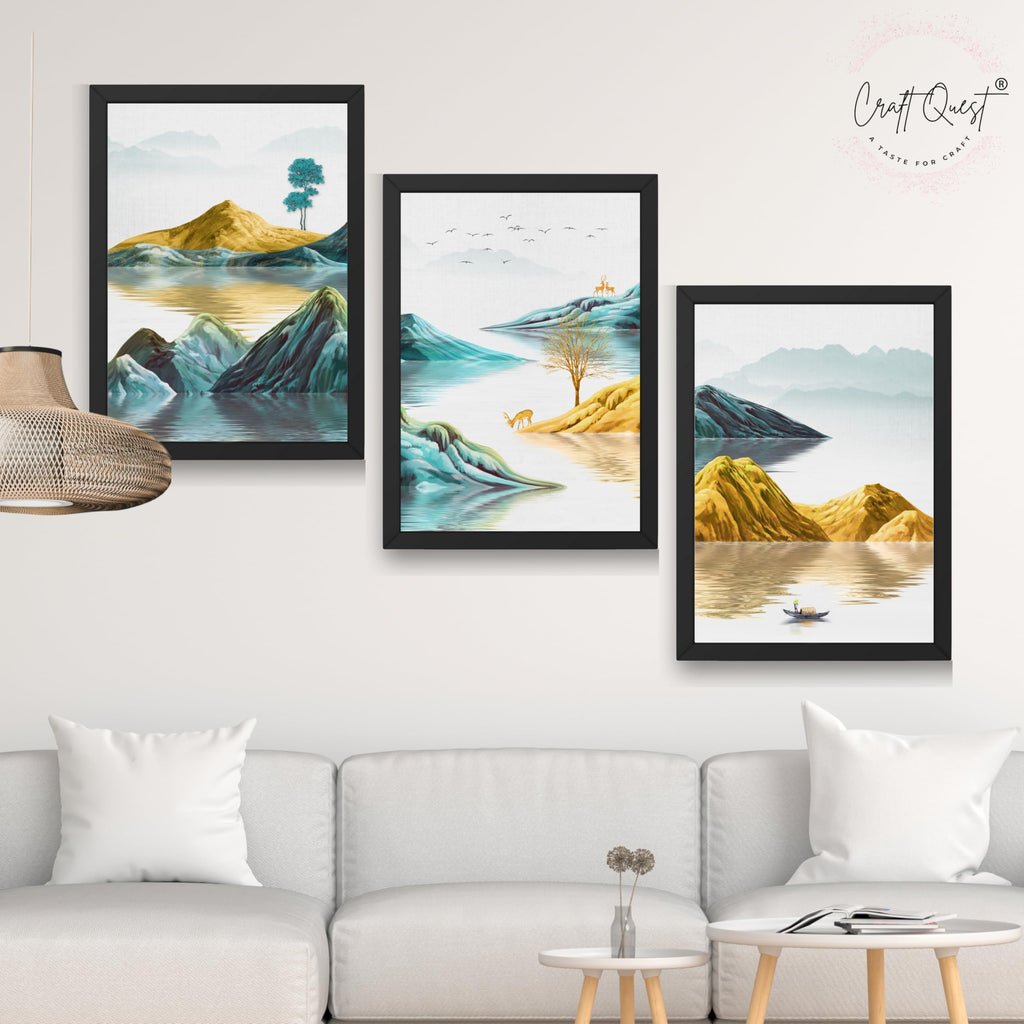 CRAFT QUEST Modern Art Abstract Geometric Gold Lines Wall Art | Set of 3 Frames for Home Decoration | Ideal for Living Room, Bedroom & Offices
