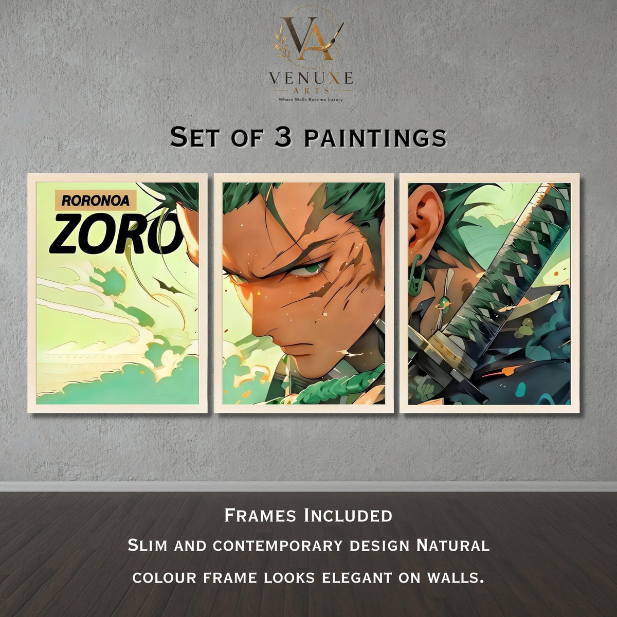 VENUXE ARTS Set Of 3 Anime Characters Wall Framed |Anime Characters Framed Poster for Living Room Bedroom Gaming Room Studio Wall Decor