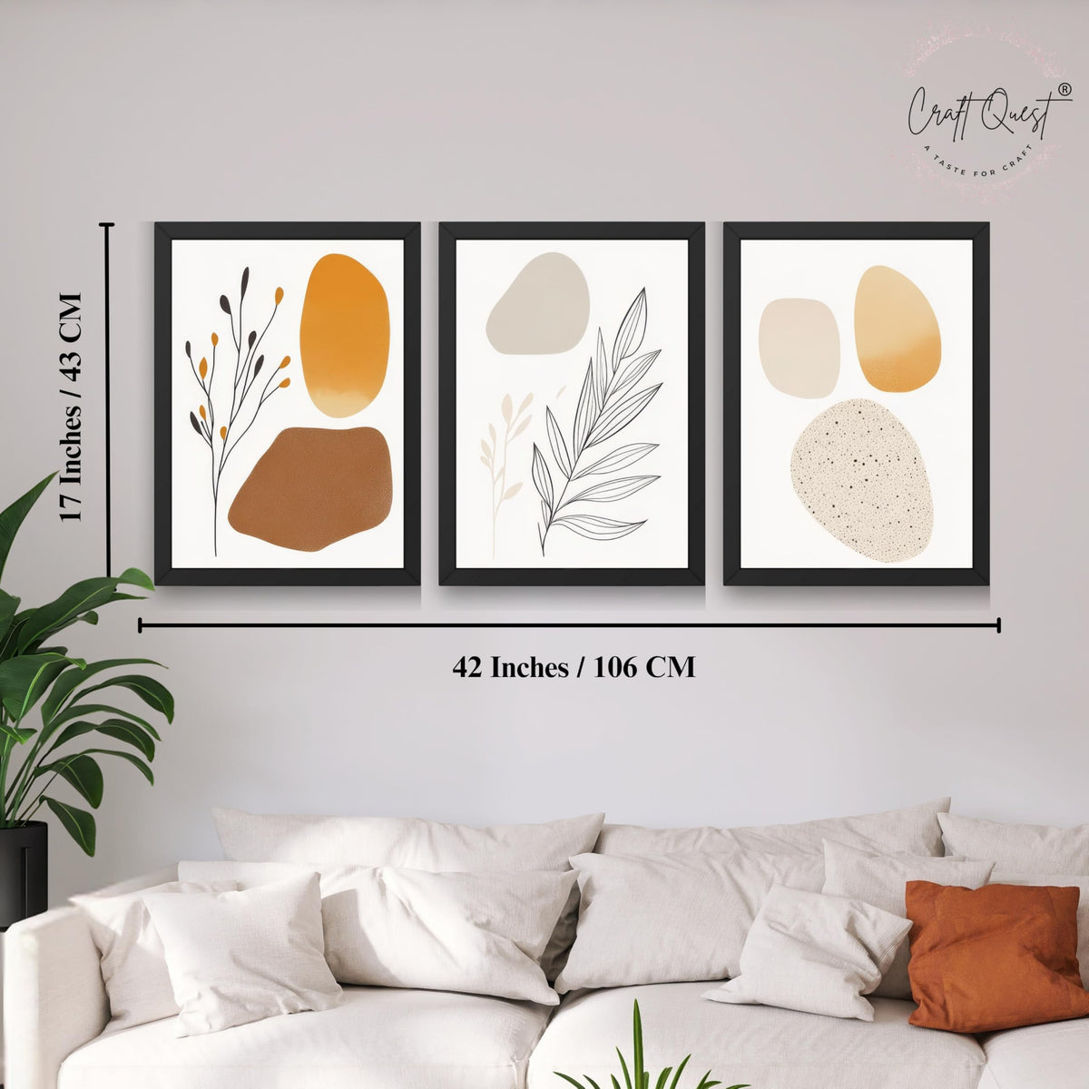 CRAFT QUEST SET OF 3 Organic Abstract Modern Wall Art | Set of 3 Frames for Home Decoration | Ideal for Living Room, Bedroom & Offices