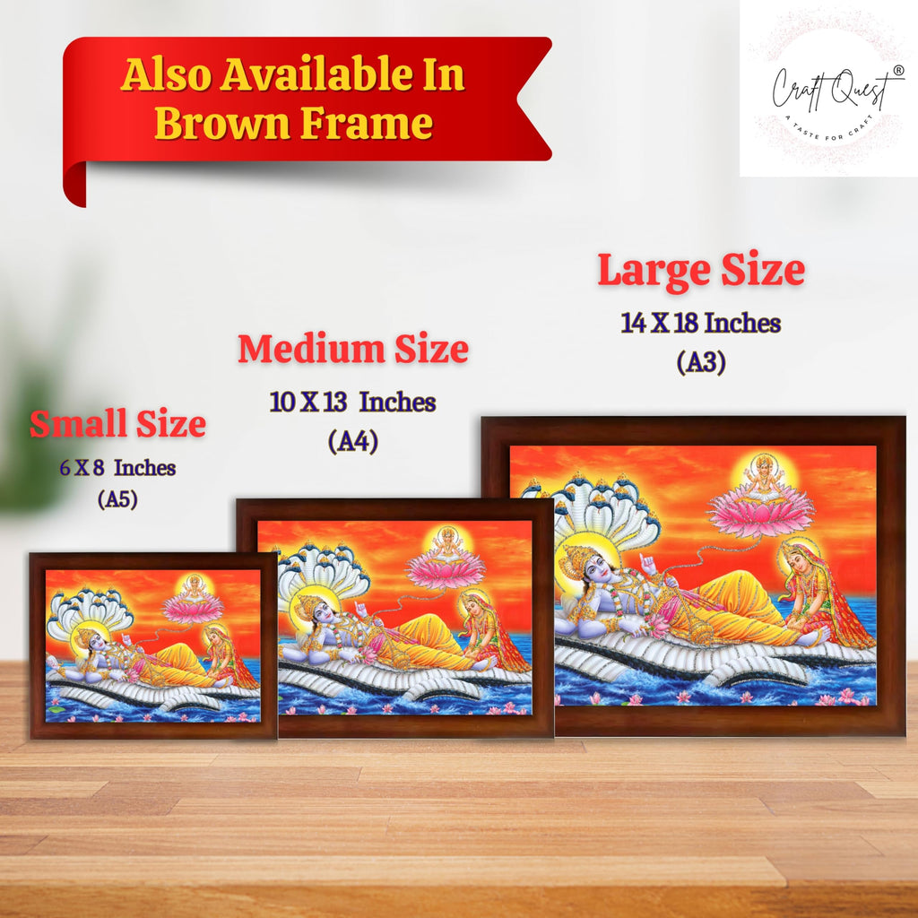 CRAFT QUEST Lord Vishnu and Goddess Lakshmi Giving Blessing on Shesh naag, landscape Glitter Work Painting Synthetic Wood Frame