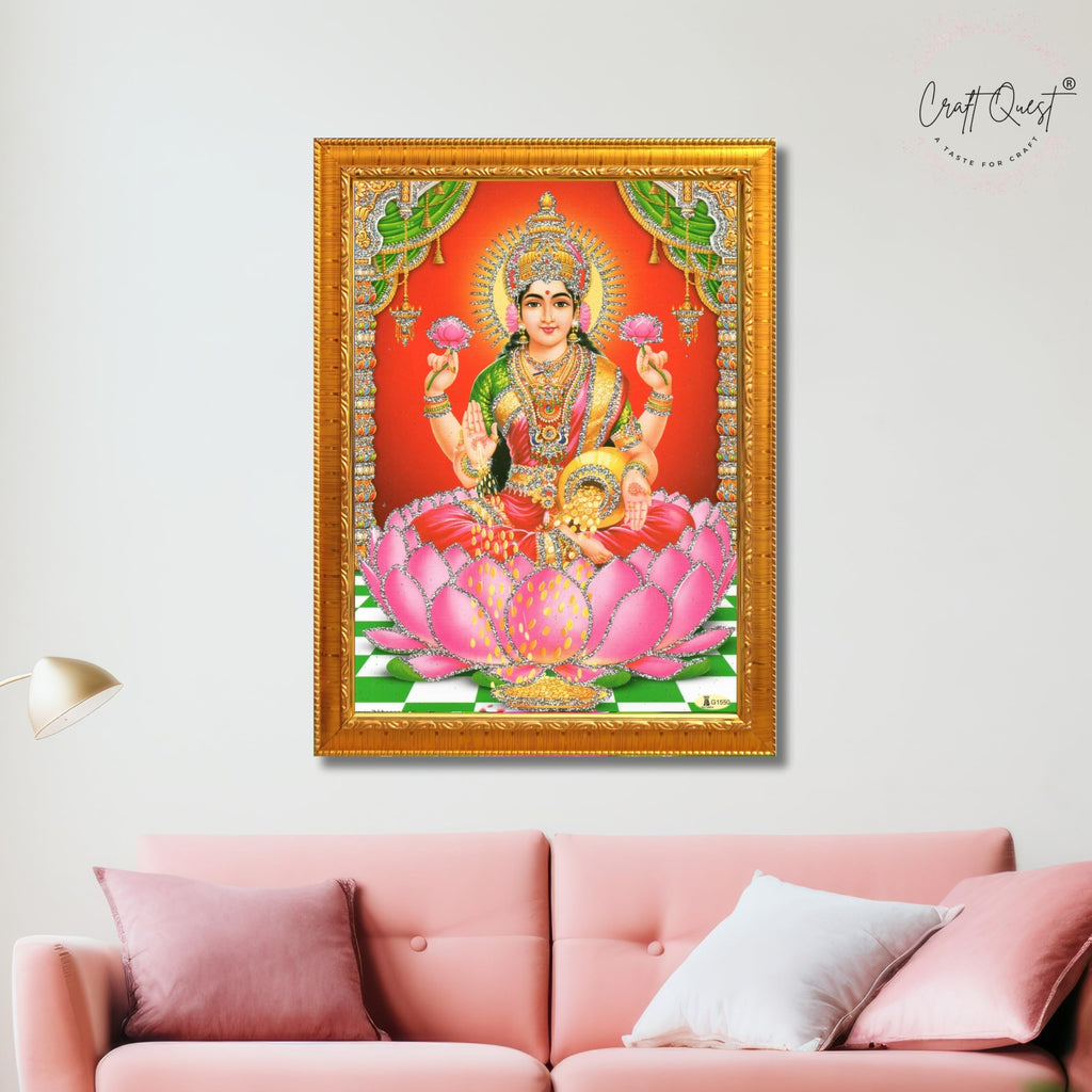 CRAFT QUEST Goddess Lakshmi Devi Dhana Vaibhav Laxmi Maa Wall Painting Frame for Diwali,Temple, Pooja, Living Room Home and Decor Item