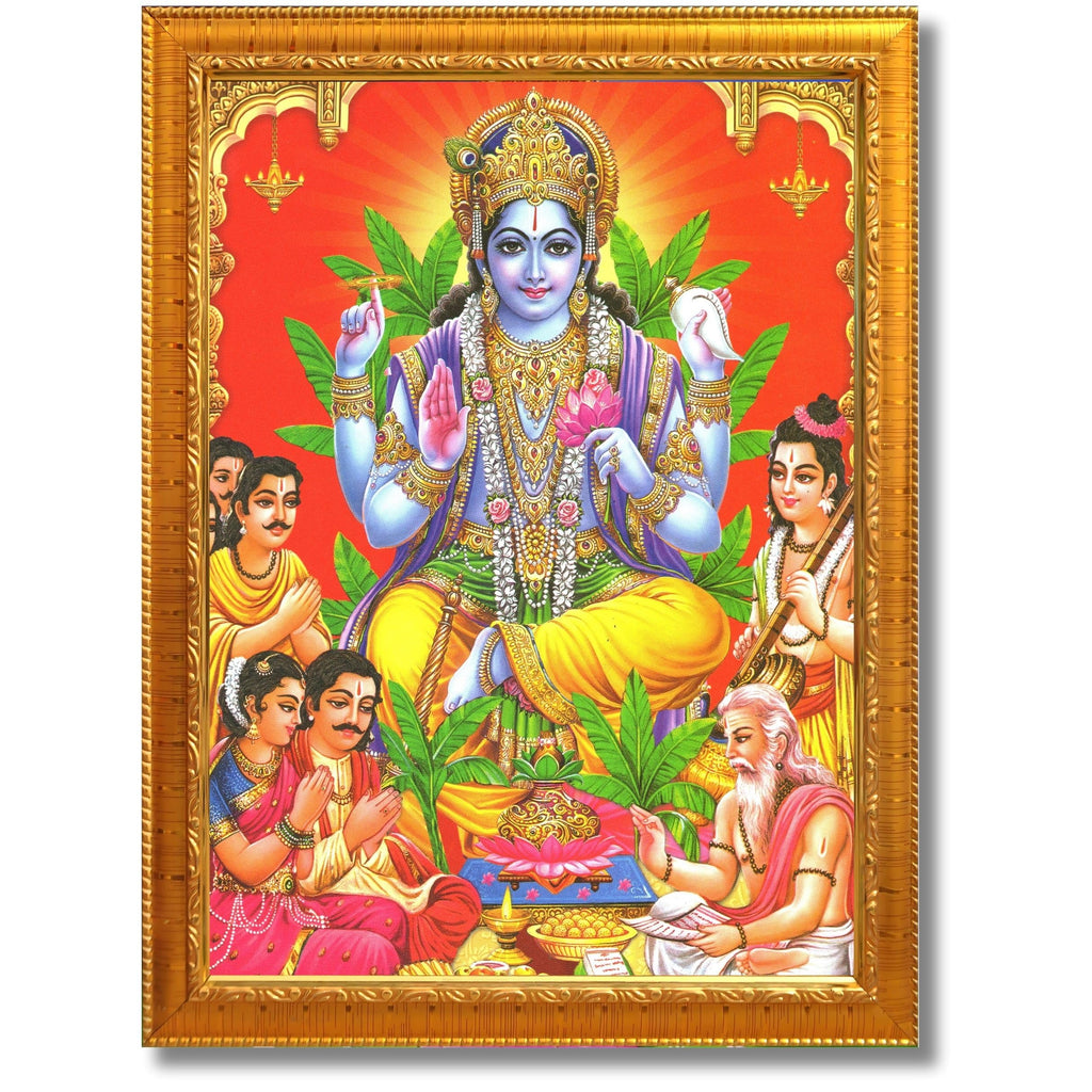 CRAFT QUEST Lord Satyanarayana Swami| Bhagwan Satyanarayan Wall Painting Religious Wood Photo Frame with Acrylic glass
