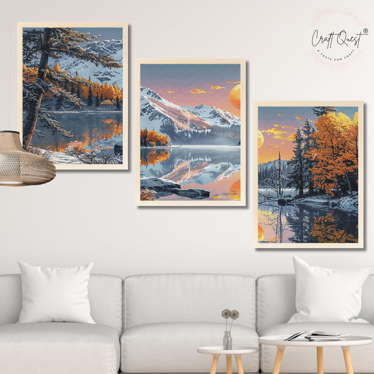 CRAFT QUEST Modern Art Paintings With Lake & Mountains Wall Art | Set of 3 Frames for Home Decoration | Ideal for Living Room, Bedroom & Offices