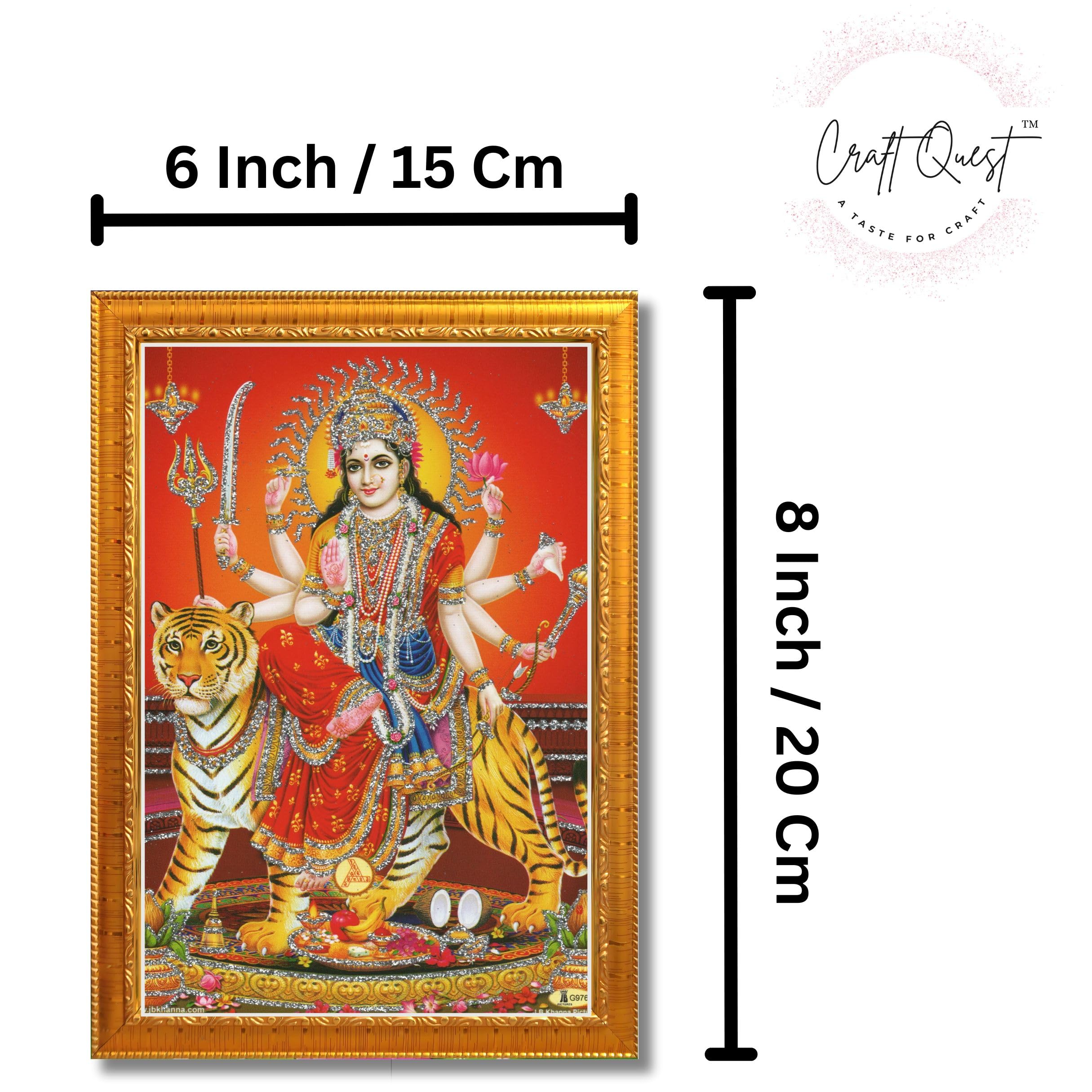 CRAFT QUEST Durga maa photo with Golden frame, God Religious Framed Painting (Small Size, 8 X 6 Inches)