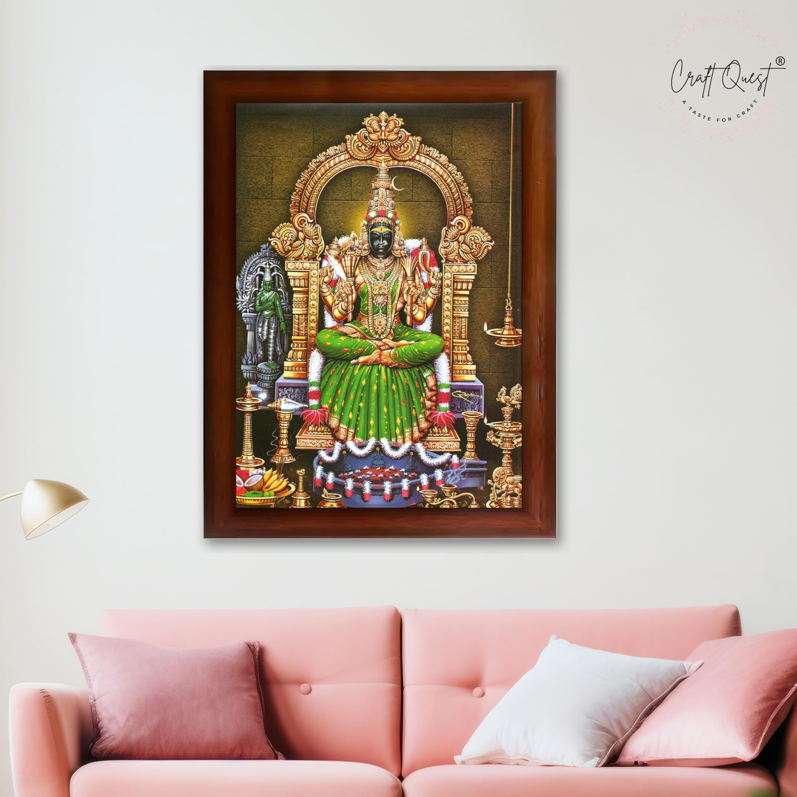 CRAFT QUEST Kanchi Kamakshi Kamachi Amman Kanji Kamatchi Wall Painting Photo Framed | South God Picture Frame for Home, Office, Temple & Gifting