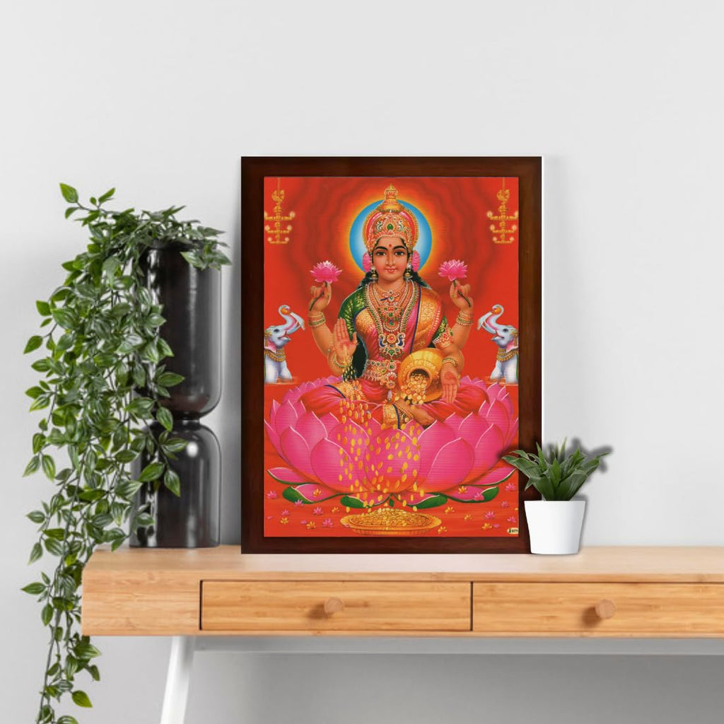 CRAFT QUEST Goddess Lakshmi Devi | Vaibhav Laxmi Wall Painting Frame Home Decor (Synthetic, Matte Finish, Brown, Large Size, 14 X 10 Inch)