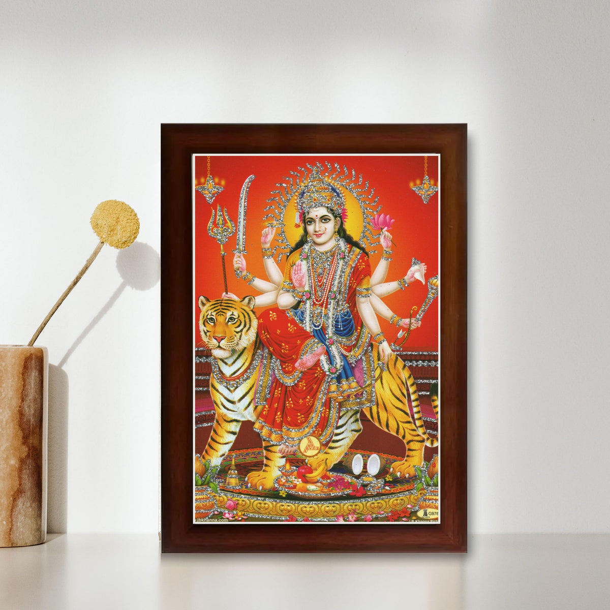 CRAFT QUEST Durga maa photo with BROWN frame, God Religious Framed Painting (Small Size, 8 X 6 Inches)