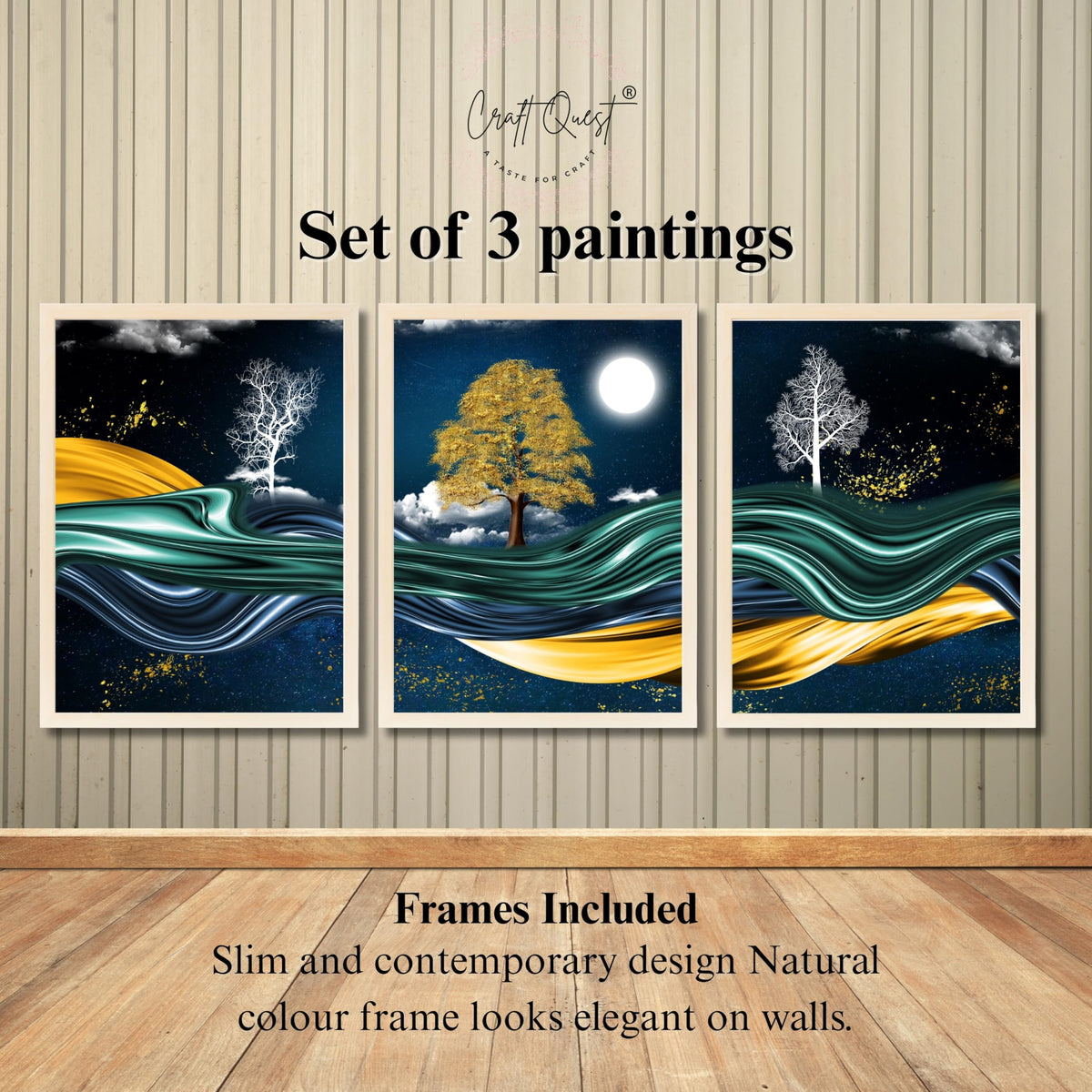 CRAFT QUEST Modern Art With Dark Blue Background & Golden Tree Wall Art | Set of 3 Frames for Home Decoration | Ideal for Living Room, Bedroom & Offices