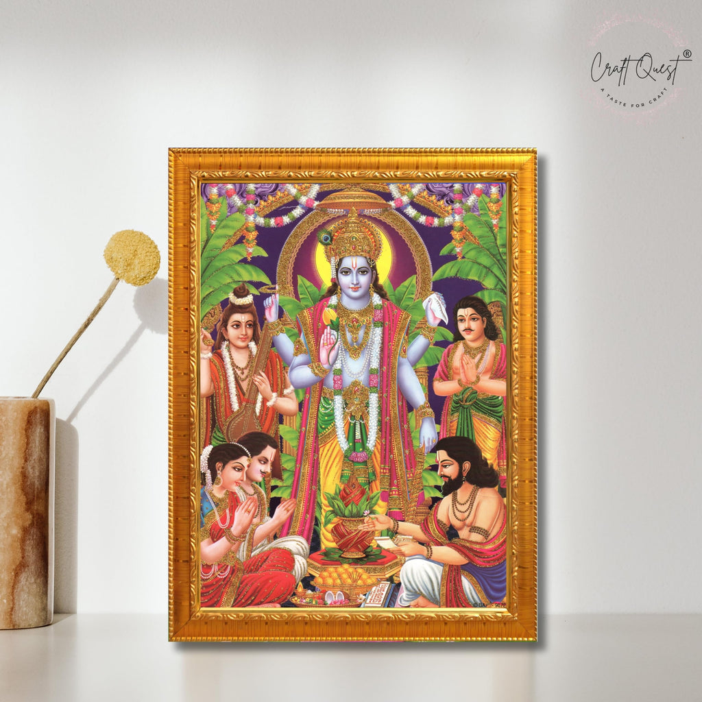 CRAFT QUEST Lord Satyanarayana Swamy | Bhagwan Satyanarayan Wall Painting Religious Wood Photo Frame with Acrylic glass