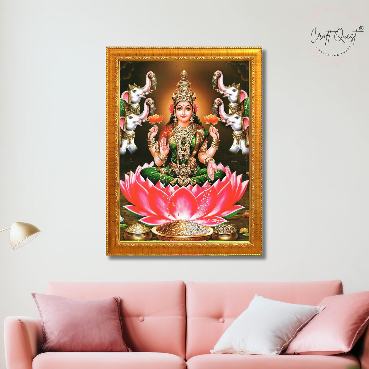 CRAFT QUEST Goddess Lakshmi Devi Vaibhav Laxmi Maa Wall Painting Photo Framed | Ideal for Home, Office, Temple & Puja Room, Wall Decor