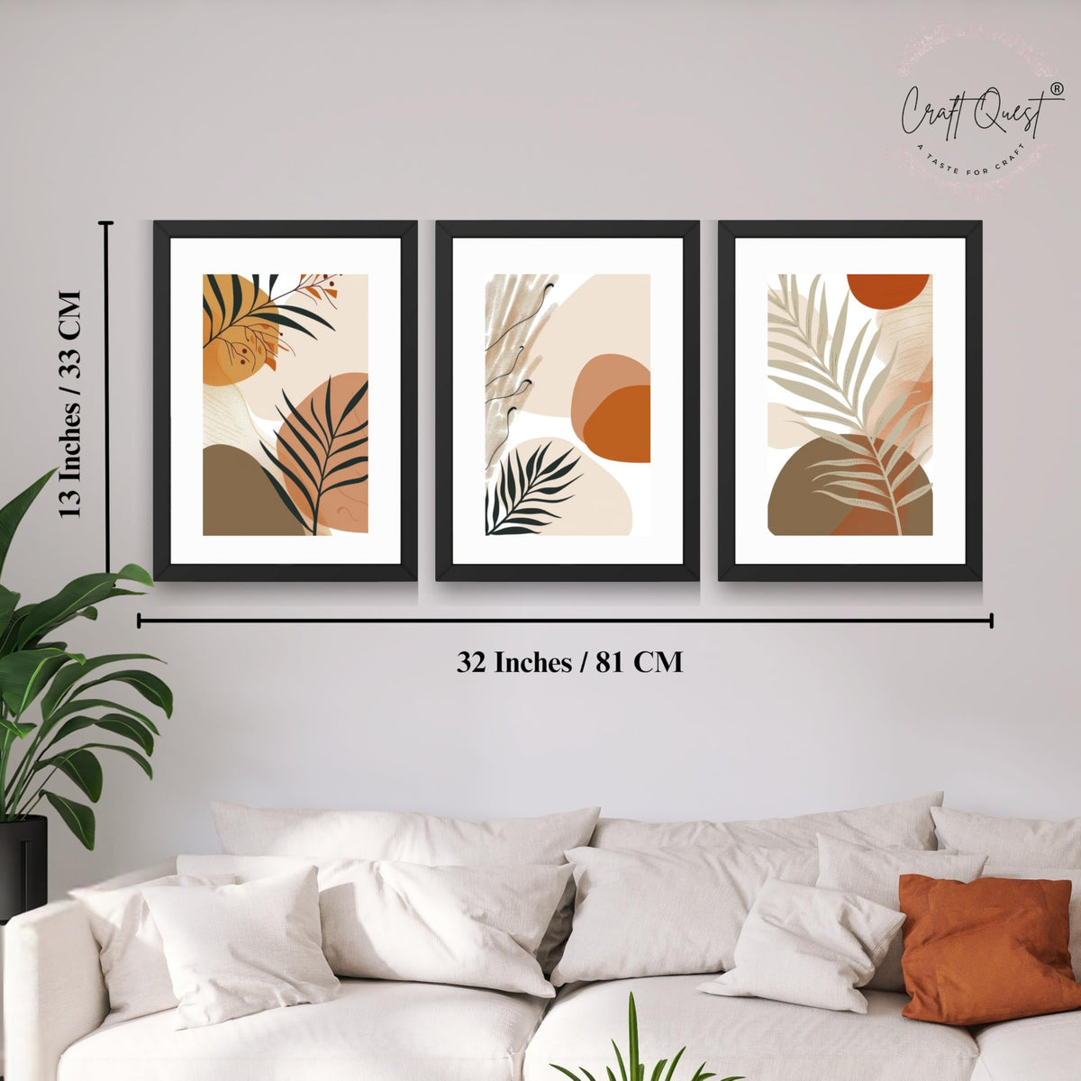 CRAFT QUEST Modern Abstract Featuring Stylized Plants | Set of 3 Frames for Home Decoration | Ideal for Living Room, Bedroom & Offices