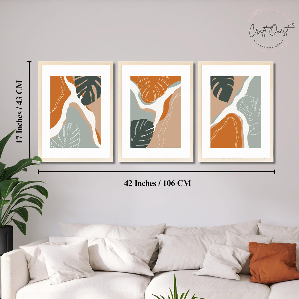 CRAFT QUEST SET OF 3 Organic Modern Leaf Wall Art | Set of 3 Frames for Home Decoration | Ideal for Living Room, Bedroom & Offices