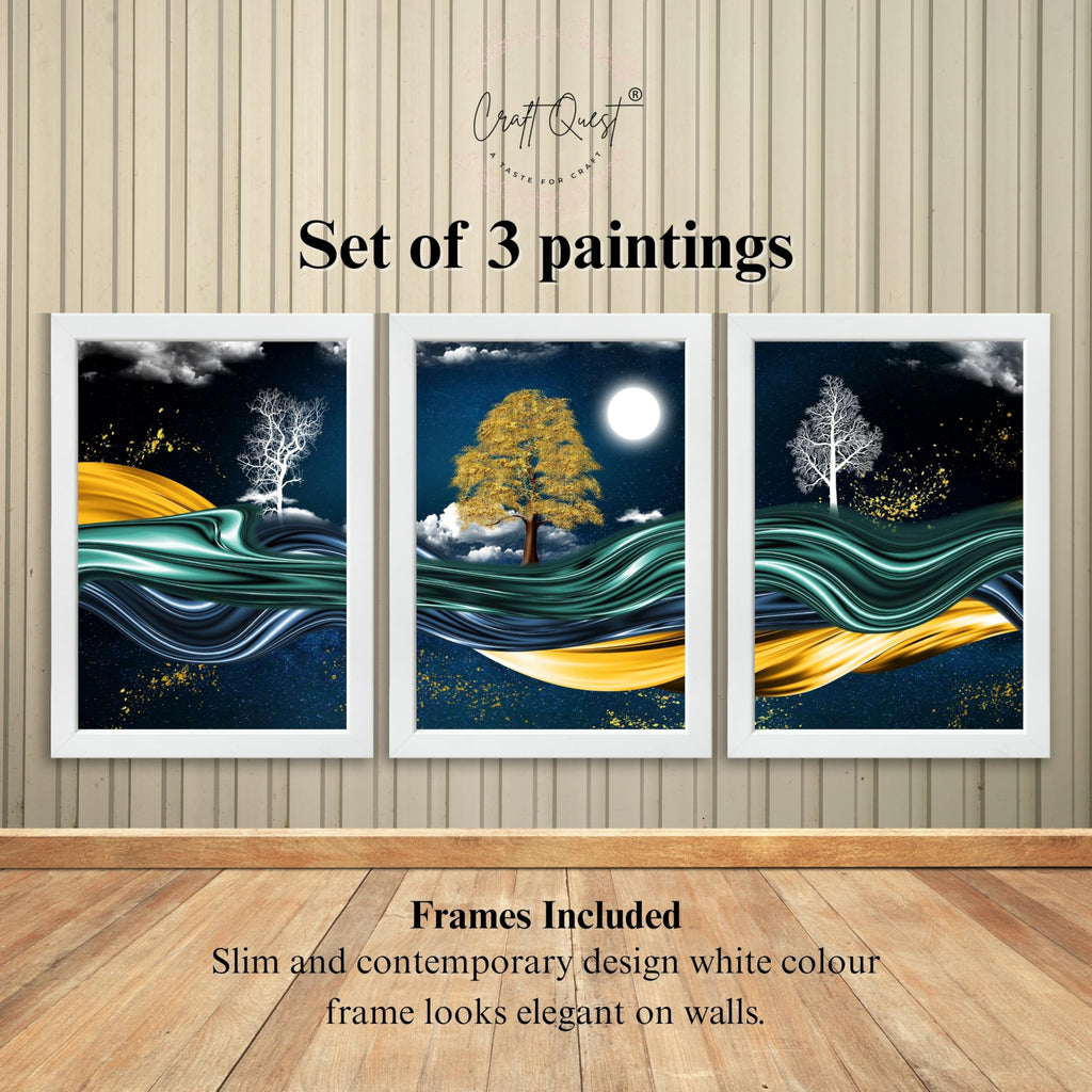 CRAFT QUEST Modern Art With Dark Blue Background & Golden Tree Wall Art | Set of 3 Frames for Home Decoration | Ideal for Living Room, Bedroom & Offices