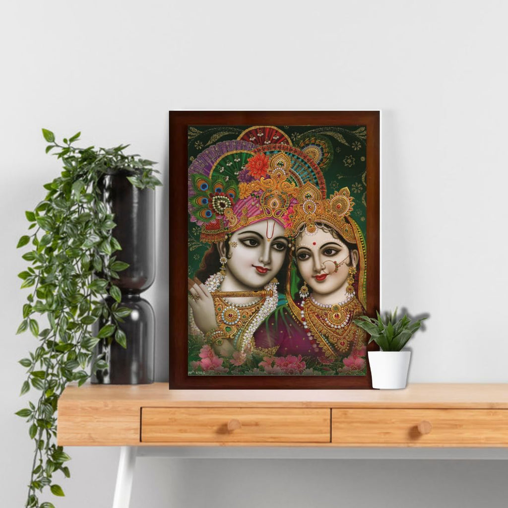 Craft Quest Radha Krishna Sparkle Coated Home Decorative Gift Item Framed Painting (10 X 14 Inches, Brown) RK1013-05