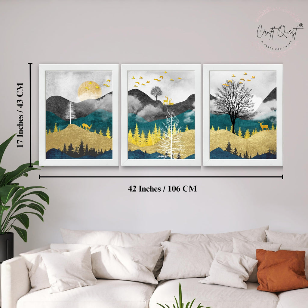 CRAFT QUEST Artistic Composed Abstract Geometric Gold Lines | Set of 3 Frames for Home Decoration | Ideal for Living Room, Bedroom & Offices