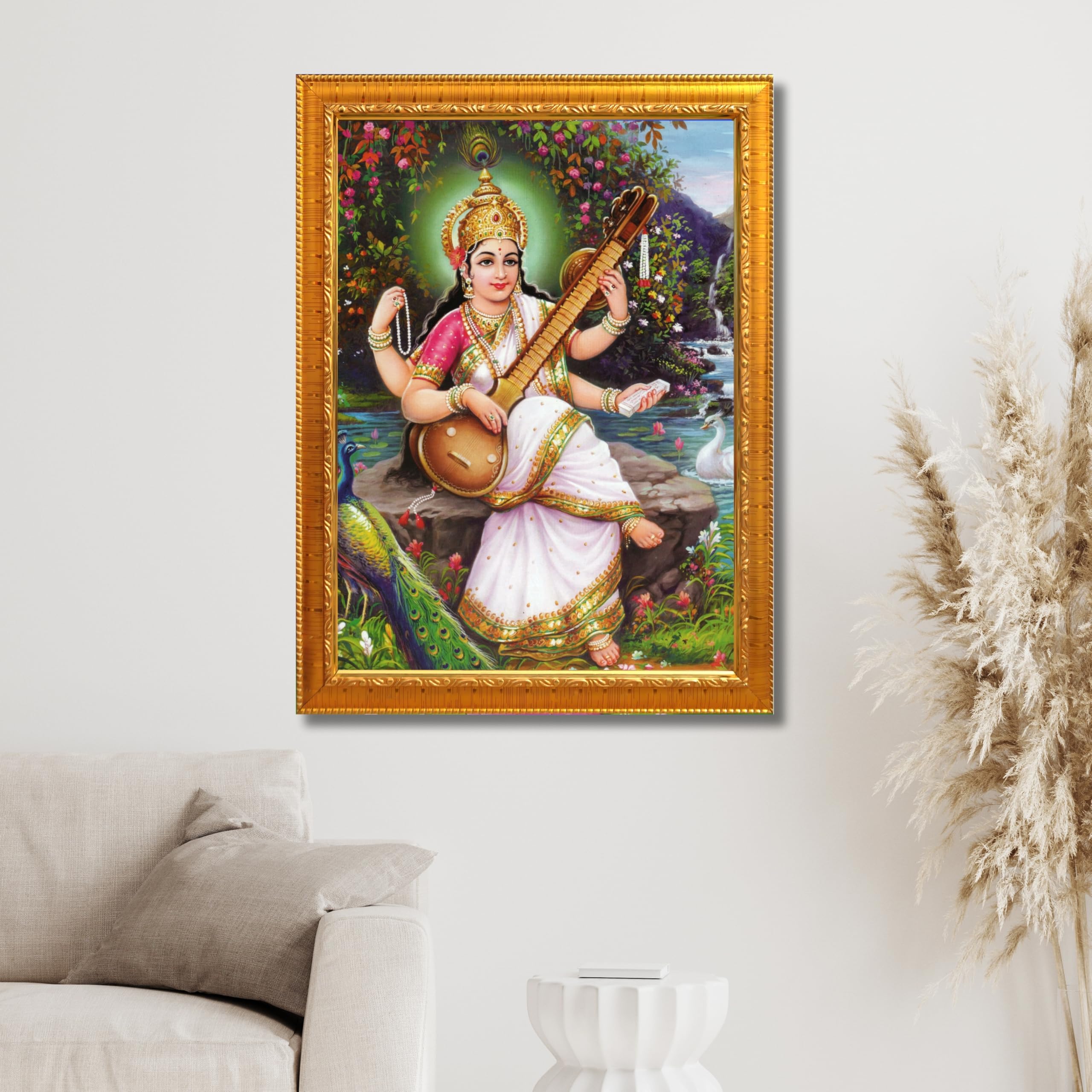 CRAFT QUEST Saraswati Devi Goddess Saraswathi Maa Wall Painting Framed Home Décor Synthetic wooden Framed