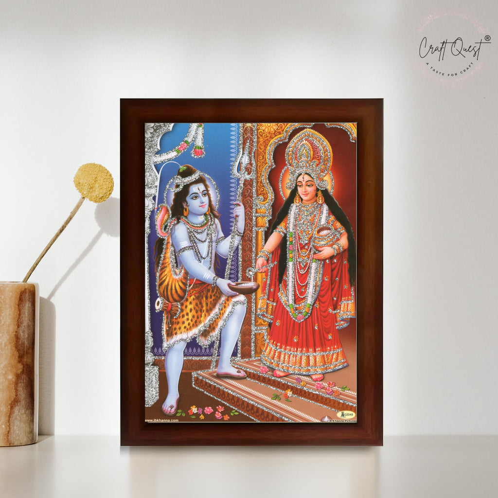 CRAFT QUEST Shiva & Maa Annapurna devi sitting on throne photo frame with Acrylic Glass for Kitchen Worship