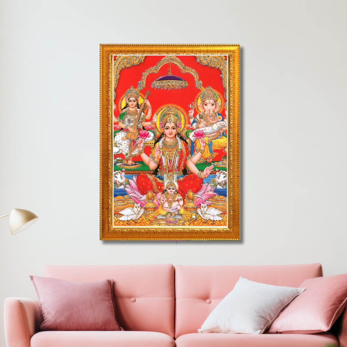 CRAFT QUEST Lord Laxmi Ganesh Saraswati Religious God Hindu Photo Frame for Diwali,Wall, Office, Temple, Pooja, Living Room Home and Decor Item