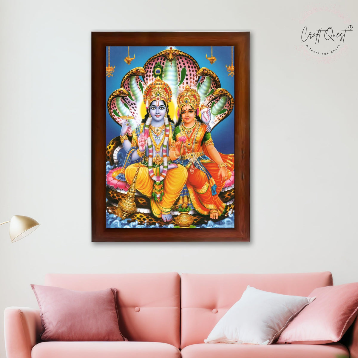 CRAFT QUEST Laxmi Narayan Laxmi Vishnu Dev Lakshmi Devi Ji Wall Painting Framed Home Decor, Religious Photo Frame