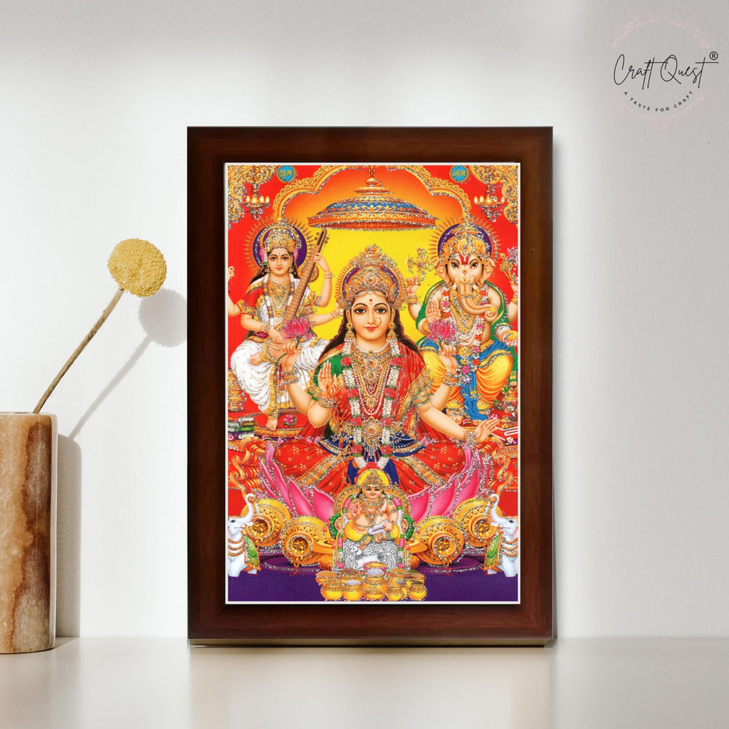 CRAFT QUEST Goddess Laxmi Ganesh Saraswati Religious God Hindu Photo Frame for Diwali,Temple, Pooja, Living Room Home and Decor Item
