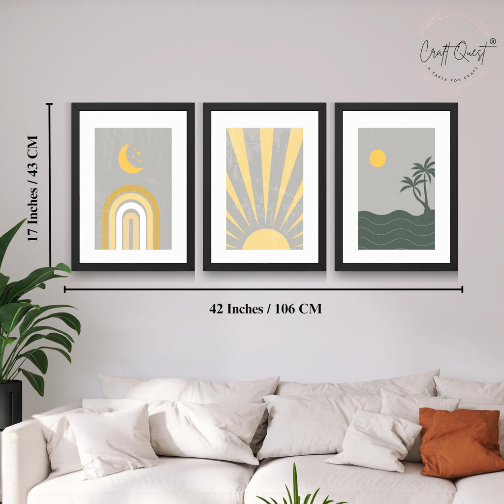 CRAFT QUEST Wall Art Decor Paintings | Set of 3 BOHO Wall Art Frames for Home Decoration | Ideal for Living Room, Bedroom & Offices