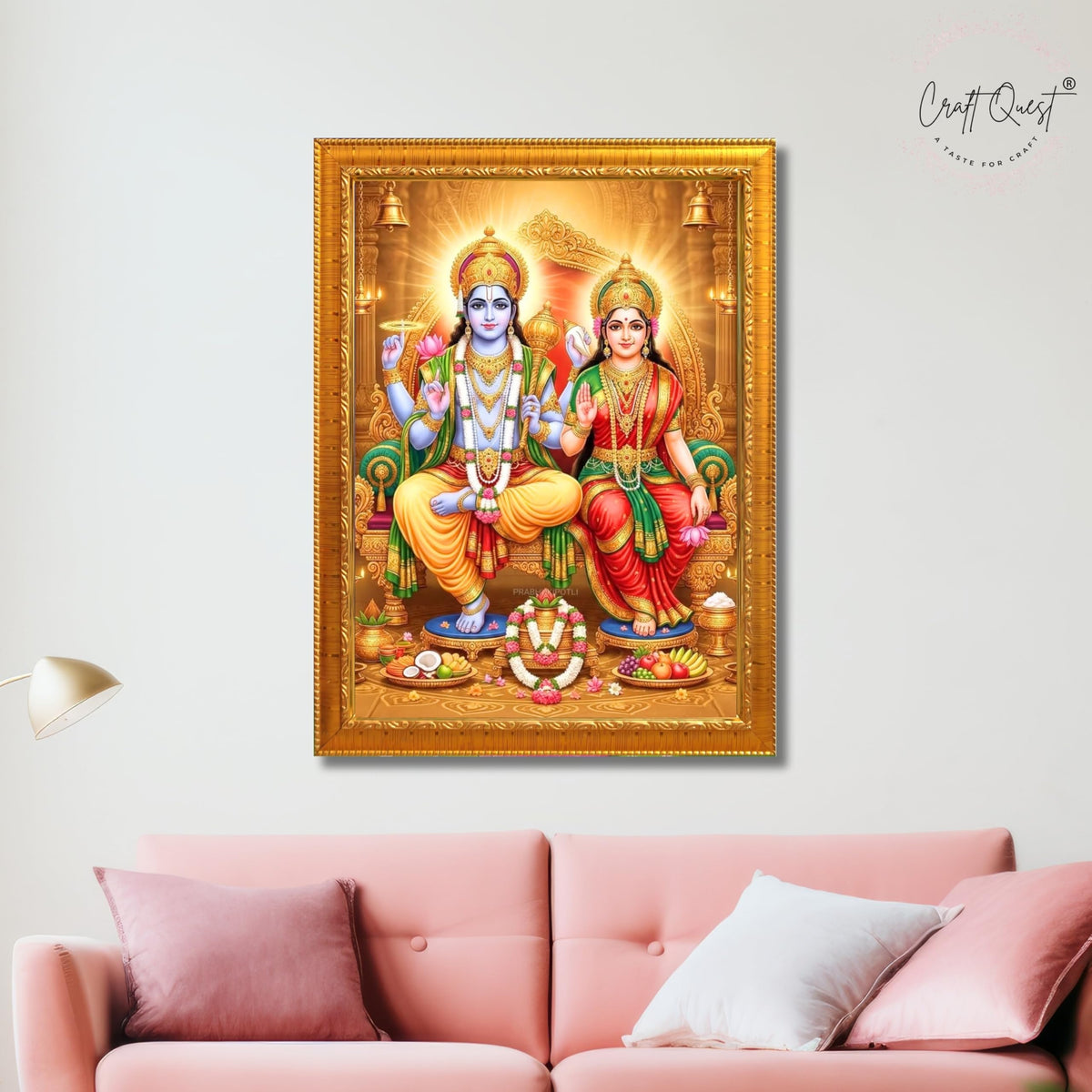 CRAFT QUEST Laxmi Vishnu Dev Lakshmi Devi Laxmi Narayan Ji Wall Painting Framed Home Decor, Religious Photo Frame