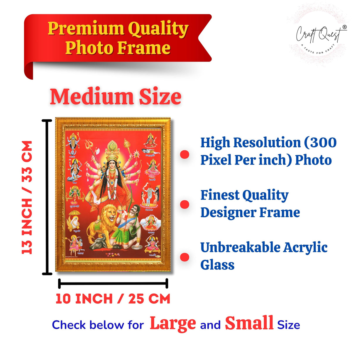 CRAFT QUEST Durga mata Mahishasura Mardini | Mahisasur Mardhini Durga Framed, Religious Photo Frame With Acrylic Glass