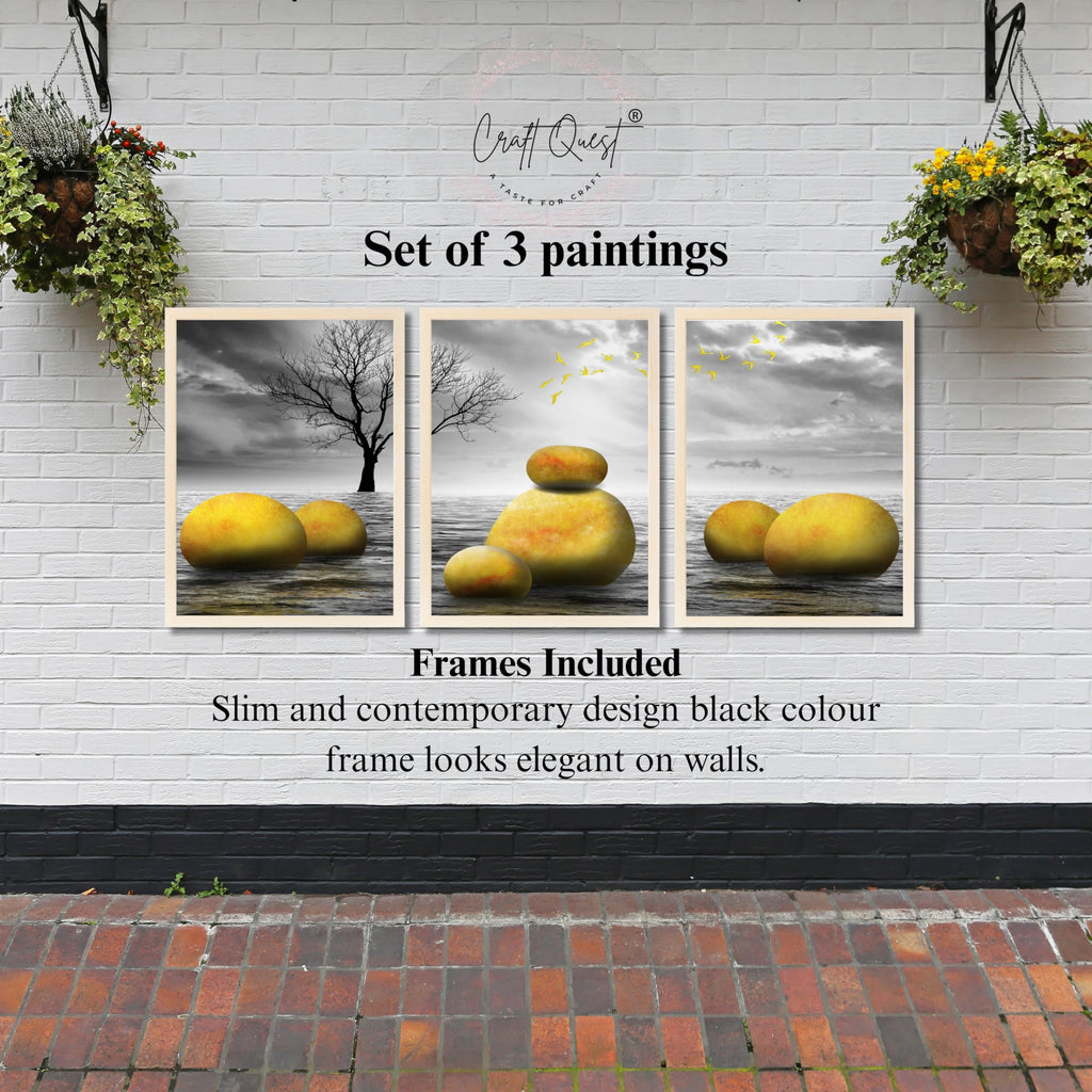 CRAFT QUEST Modern Abstract Golden Stone Art | Set of 3 Frames for Home Decoration | Ideal for Living Room, Bedroom & Offices