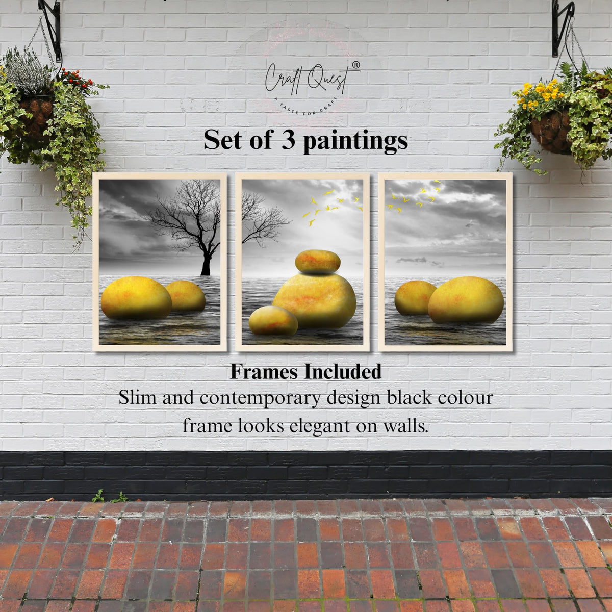 CRAFT QUEST Modern Abstract Golden Stone Art | Set of 3 Frames for Home Decoration | Ideal for Living Room, Bedroom & Offices