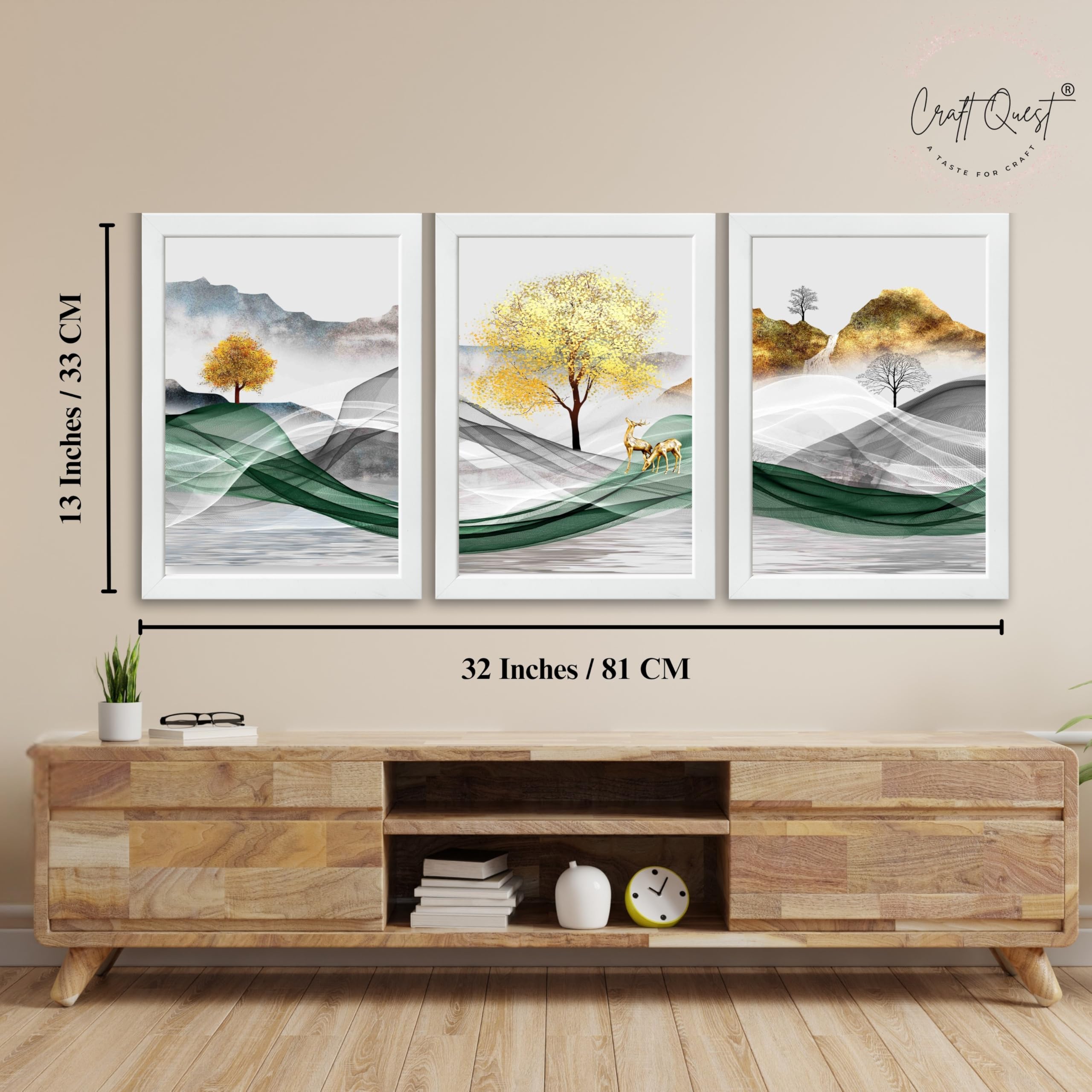 CRAFT QUEST Modern Art Landscapes Abstract Of Moose Golden Mural Wall Art | Set of 3 Frames for Home Decoration | Ideal for Living Room, Bedroom & Offices