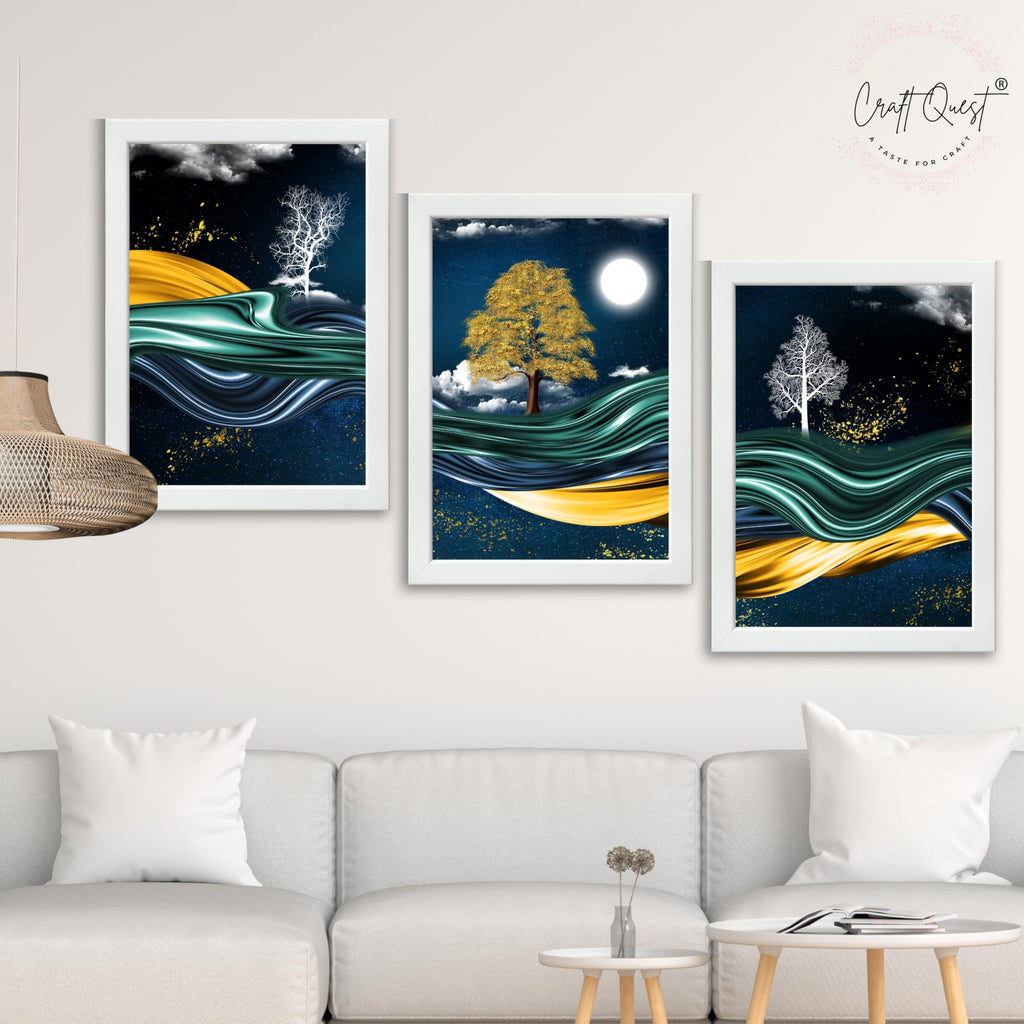 CRAFT QUEST Modern Art With Dark Blue Background & Golden Tree Wall Art | Set of 3 Frames for Home Decoration | Ideal for Living Room, Bedroom & Offices