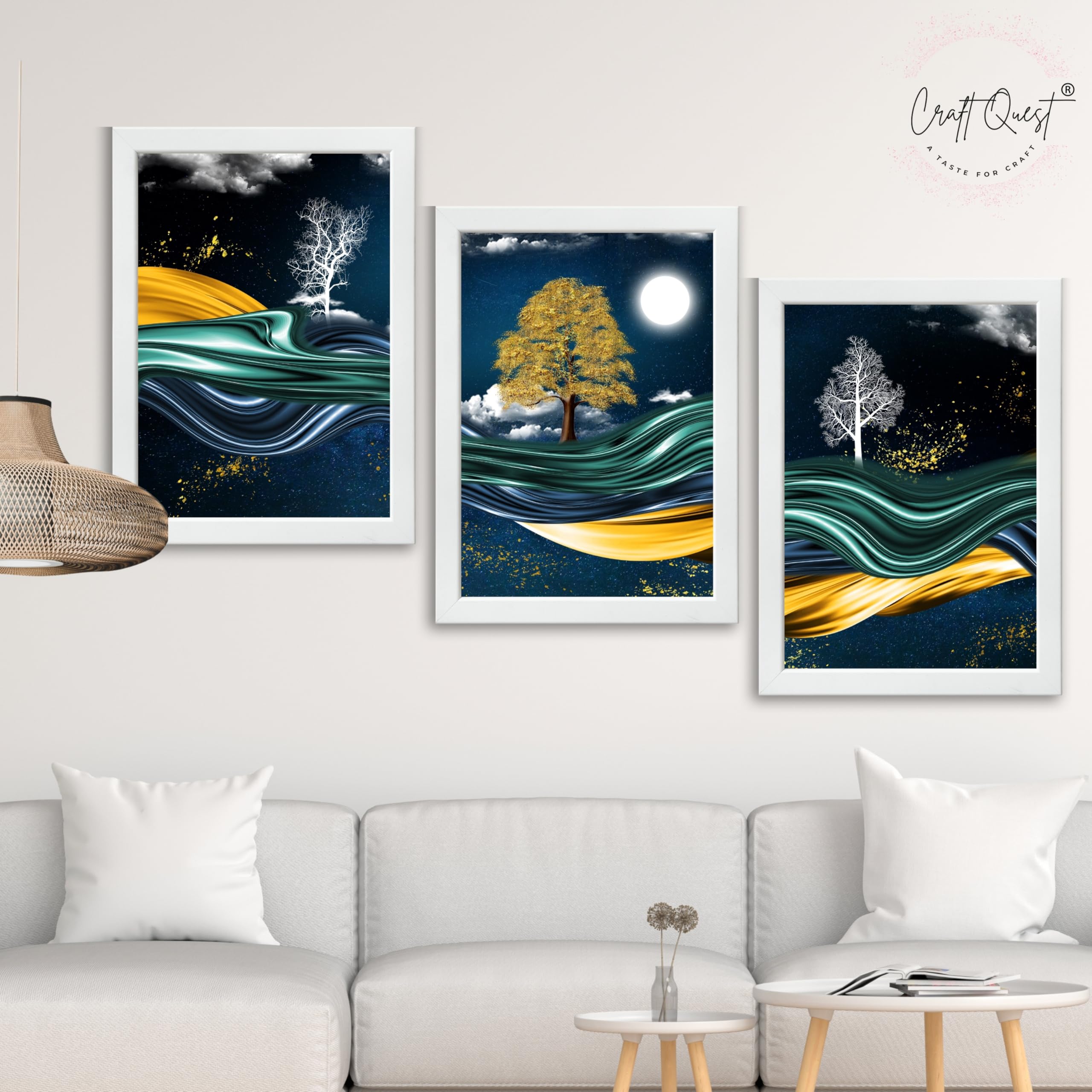 CRAFT QUEST Modern Art With Dark Blue Background & Golden Tree Wall Art | Set of 3 Frames for Home Decoration | Ideal for Living Room, Bedroom & Offices