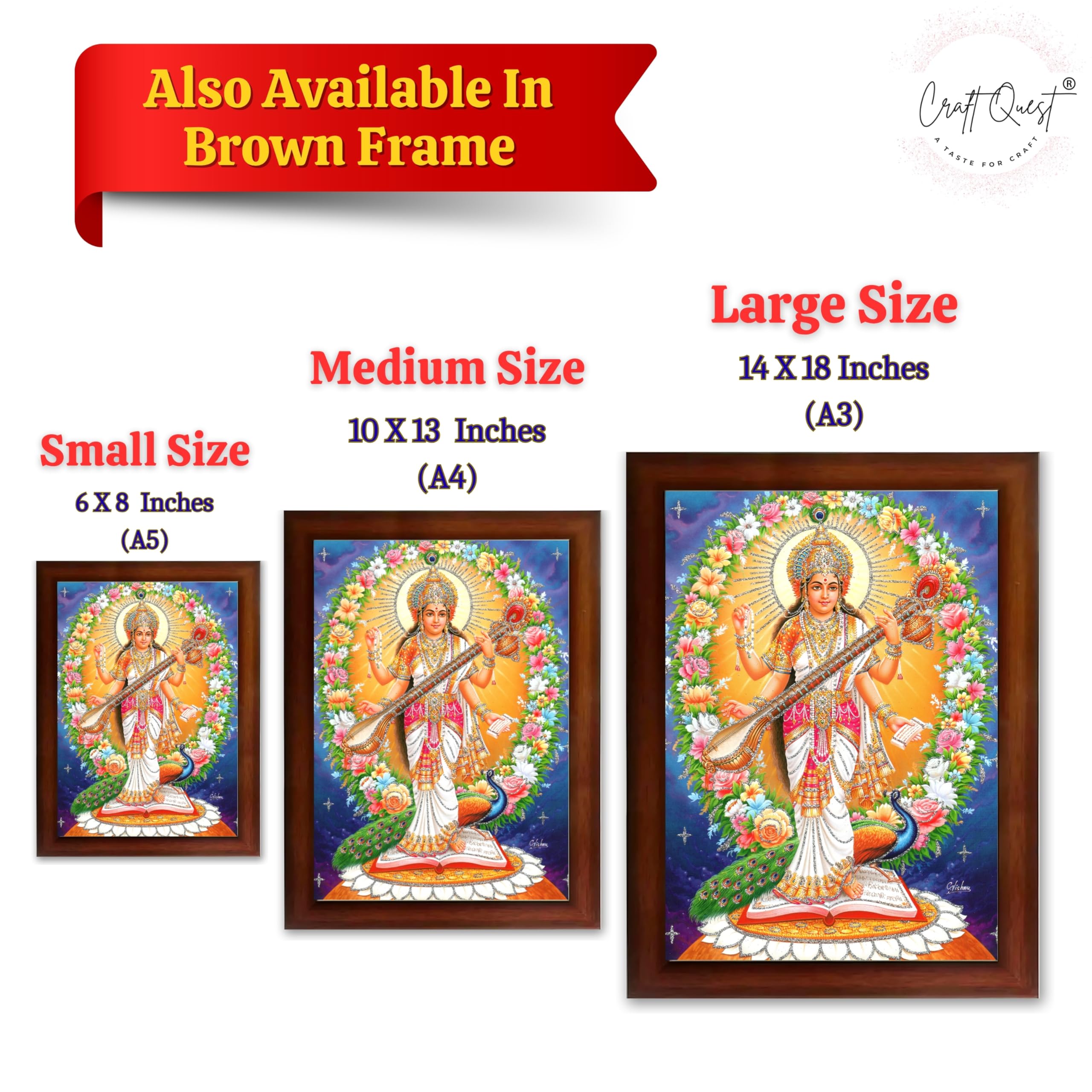 CRAFT QUEST Saraswati Devi Goddess Saraswati Maa Wall Painting Sparkle Coated Framed Home Decor wooden framed