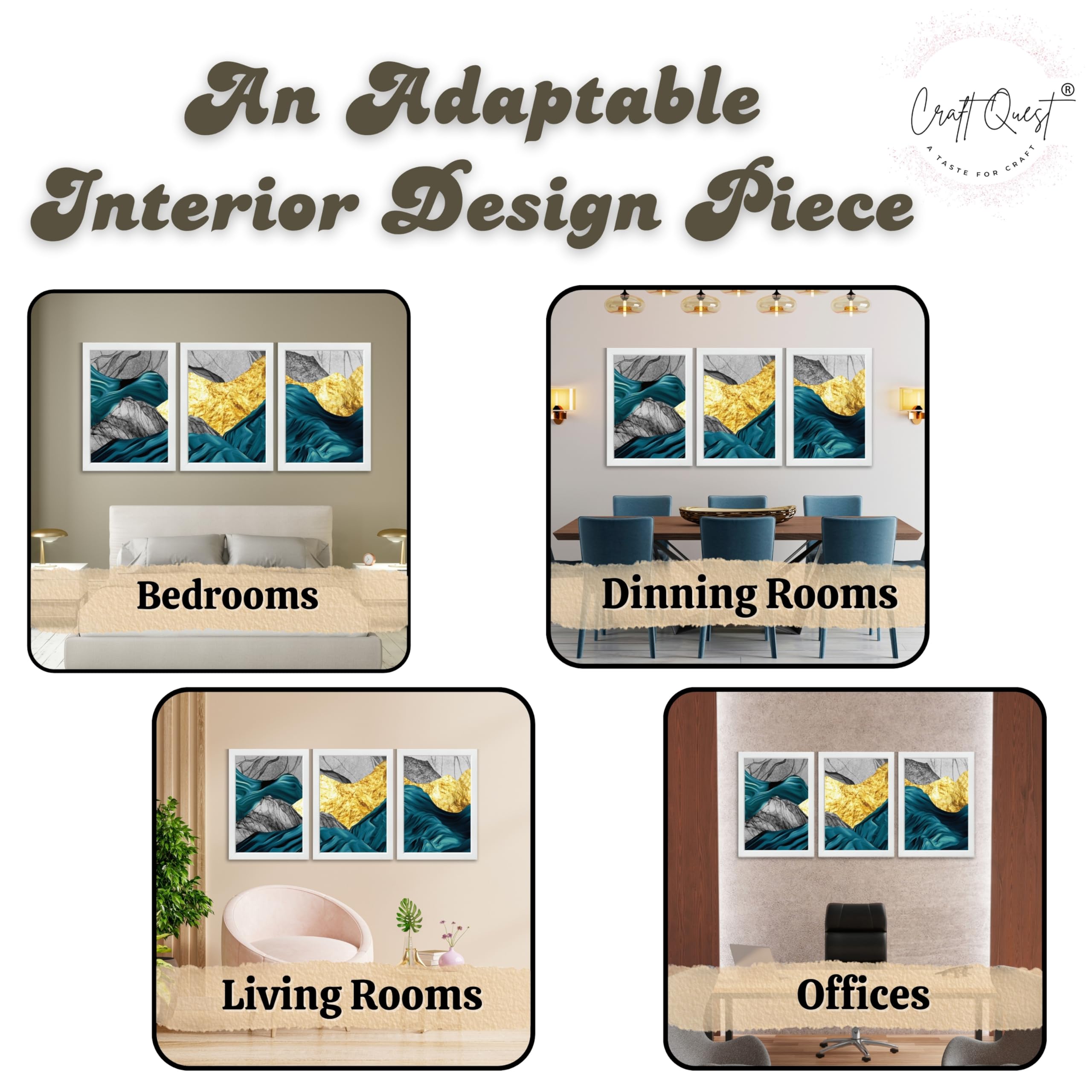 CRAFT QUEST Modern Art Abstract Golden Fashion Wall Art | Set of 3 Frames for Home Decoration | Ideal for Living Room, Bedroom & Offices