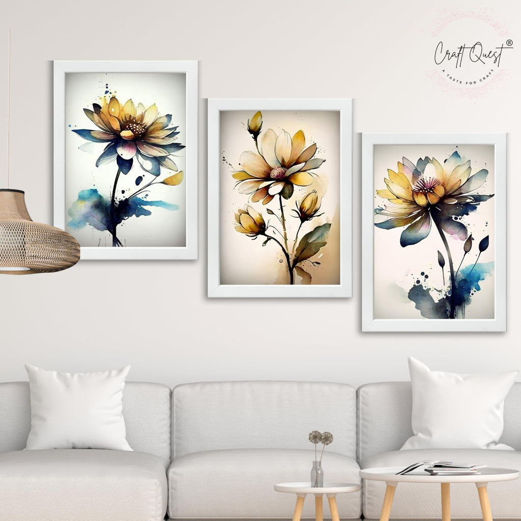 CRAFT QUEST Nature Inspired Triptych Flowers Abstract Wall Art | Set of 3 Frames for Home Decoration | Ideal for Living Room, Bedroom & Office