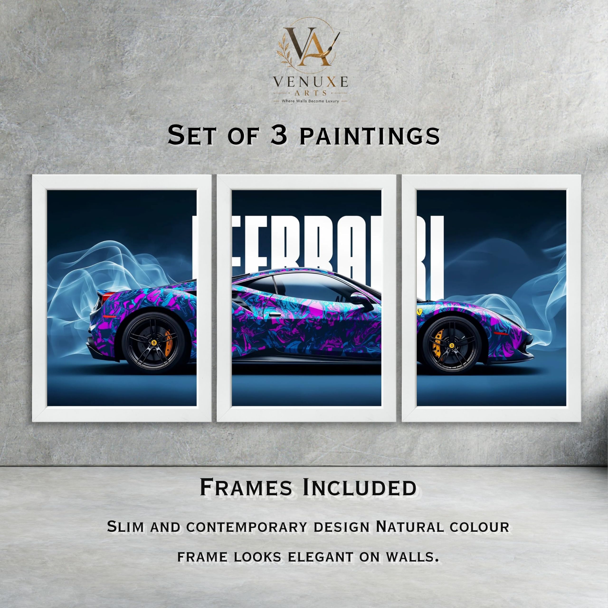 VENUXE ARTS Set Of 3 Big Sports Cars Framed Posters Gift Items for Boys Room Wall Decoration Bedroom Living Room Office Studio Décor | Car Poster Frame for Wall Décor