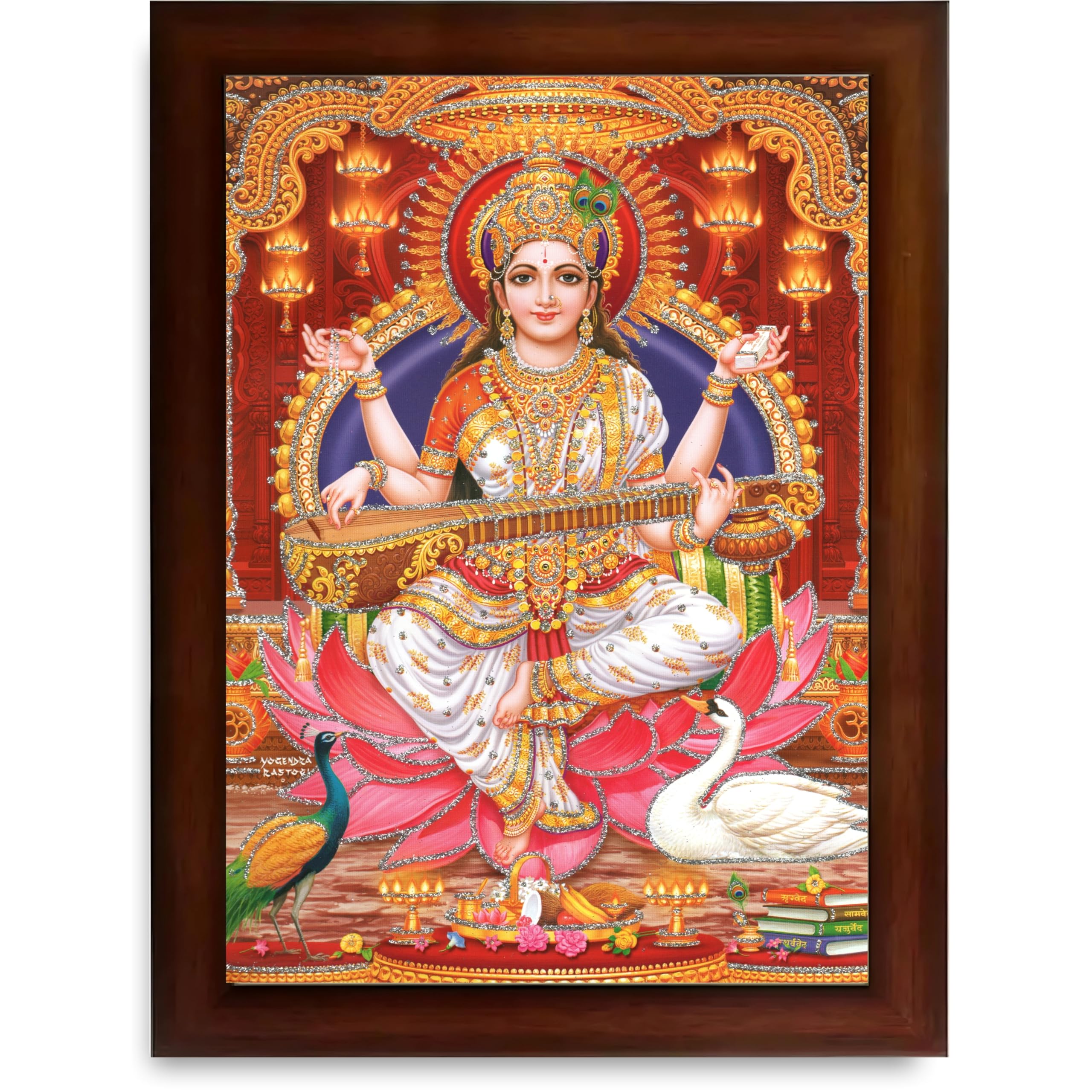 CRAFT QUEST Saraswati Devi Goddess Saraswati Maa Wall Painting Framed Home Decor wooden framed
