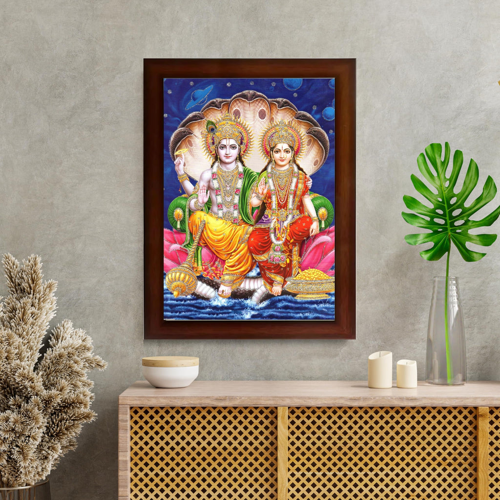 CRAFT QUEST Lord Vishnu and Goddess Lakshmi Giving Blessing on Shesh naag, Glitter Work Painting Synthetic Wood Frame