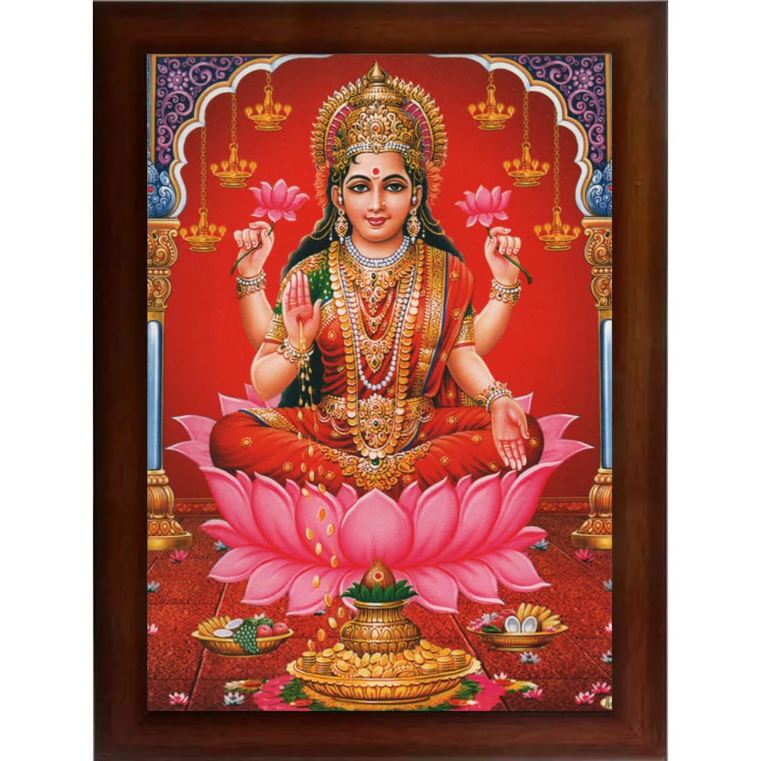 CRAFT QUEST Goddess Lakshmi Devi Dhana Vaibhav Laxmi Maa Wall Painting Frame Home Decor (Synthetic, Matte Finish, Brown, Medium Size, 14 X 10 Inch)