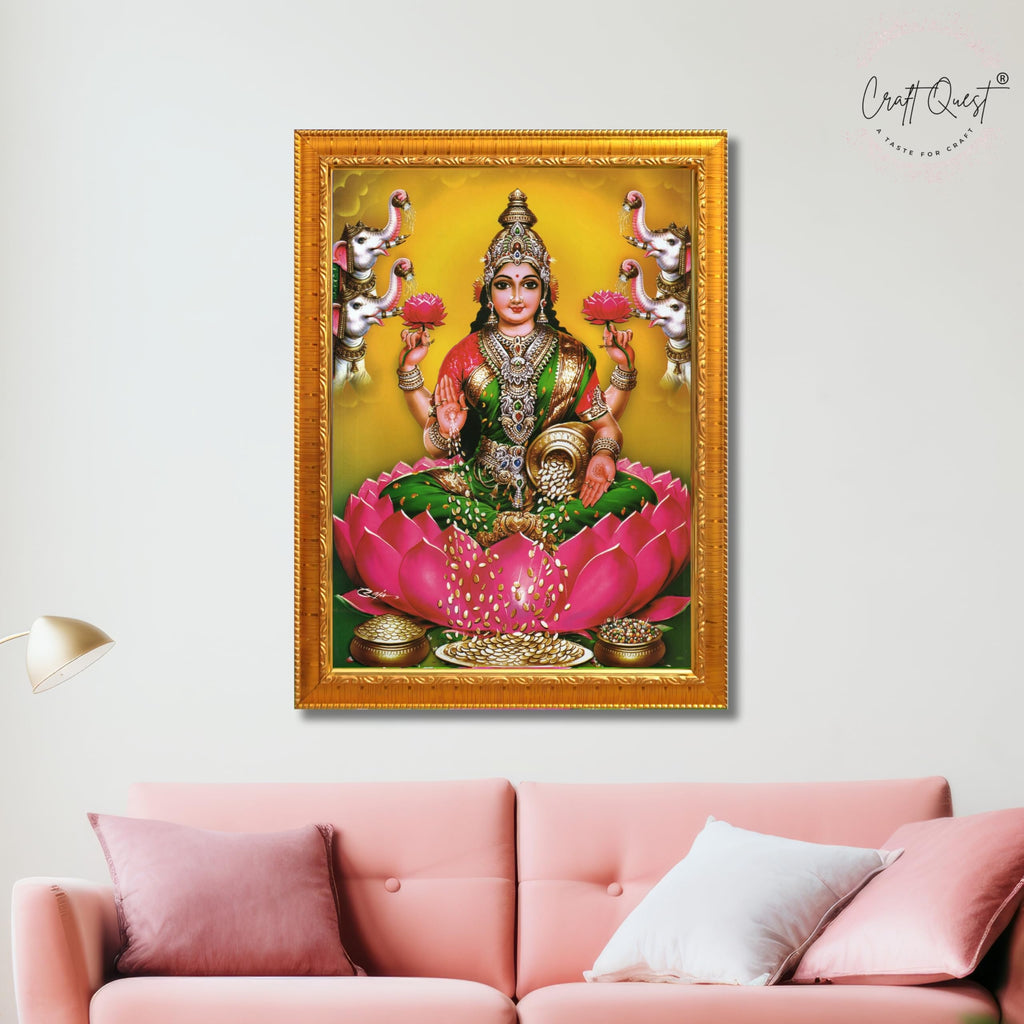 CRAFT QUEST Goddess Lakshmi Mata Devi Vaibhav Laxmi Maa Wall Painting Photo Framed | Ideal for Home, Office, Temple & Puja Room, Wall Decor