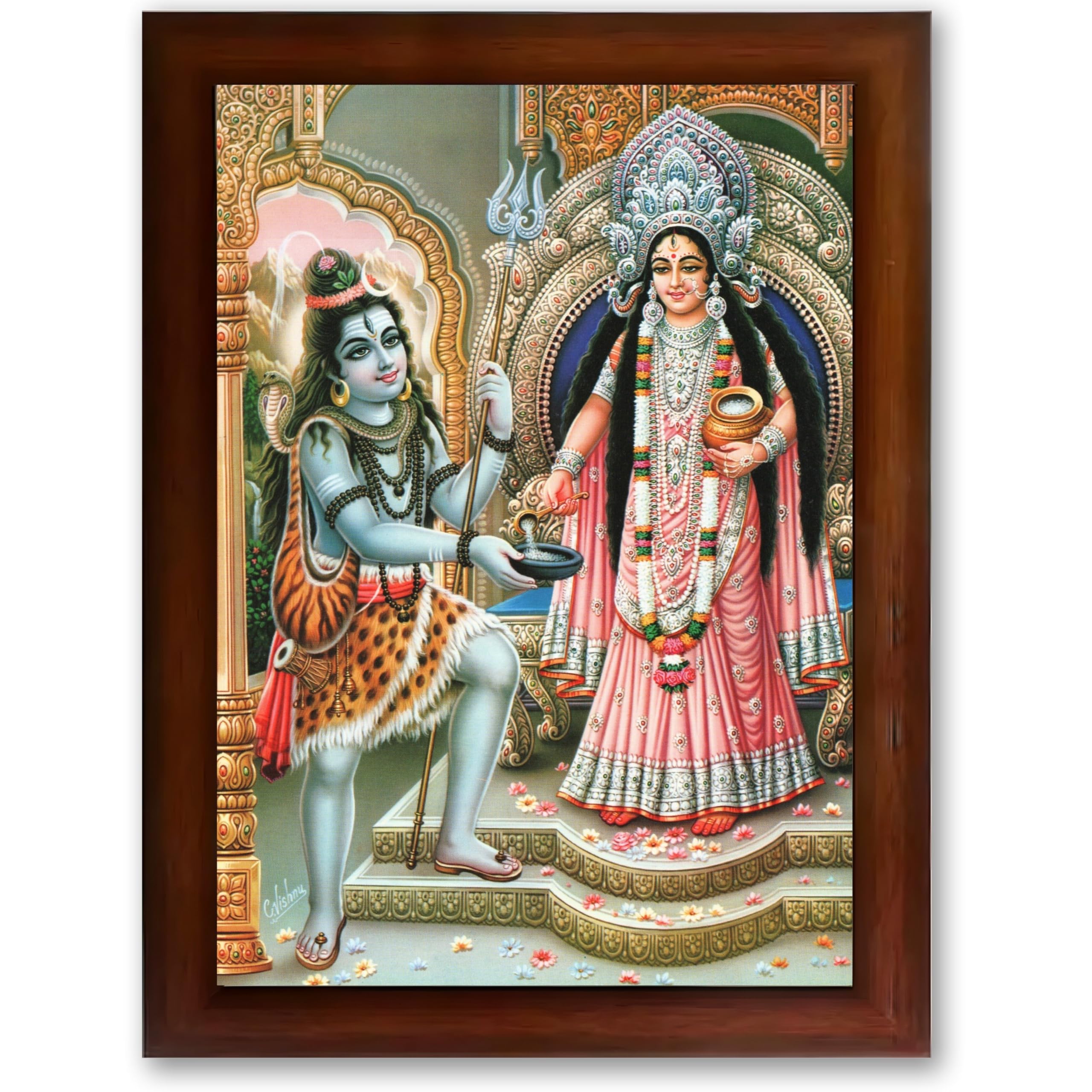 CRAFT QUEST Shiva & Maa Annapurna devi sitting on throne photo frame with Laminated Poster for Kitchen Worship