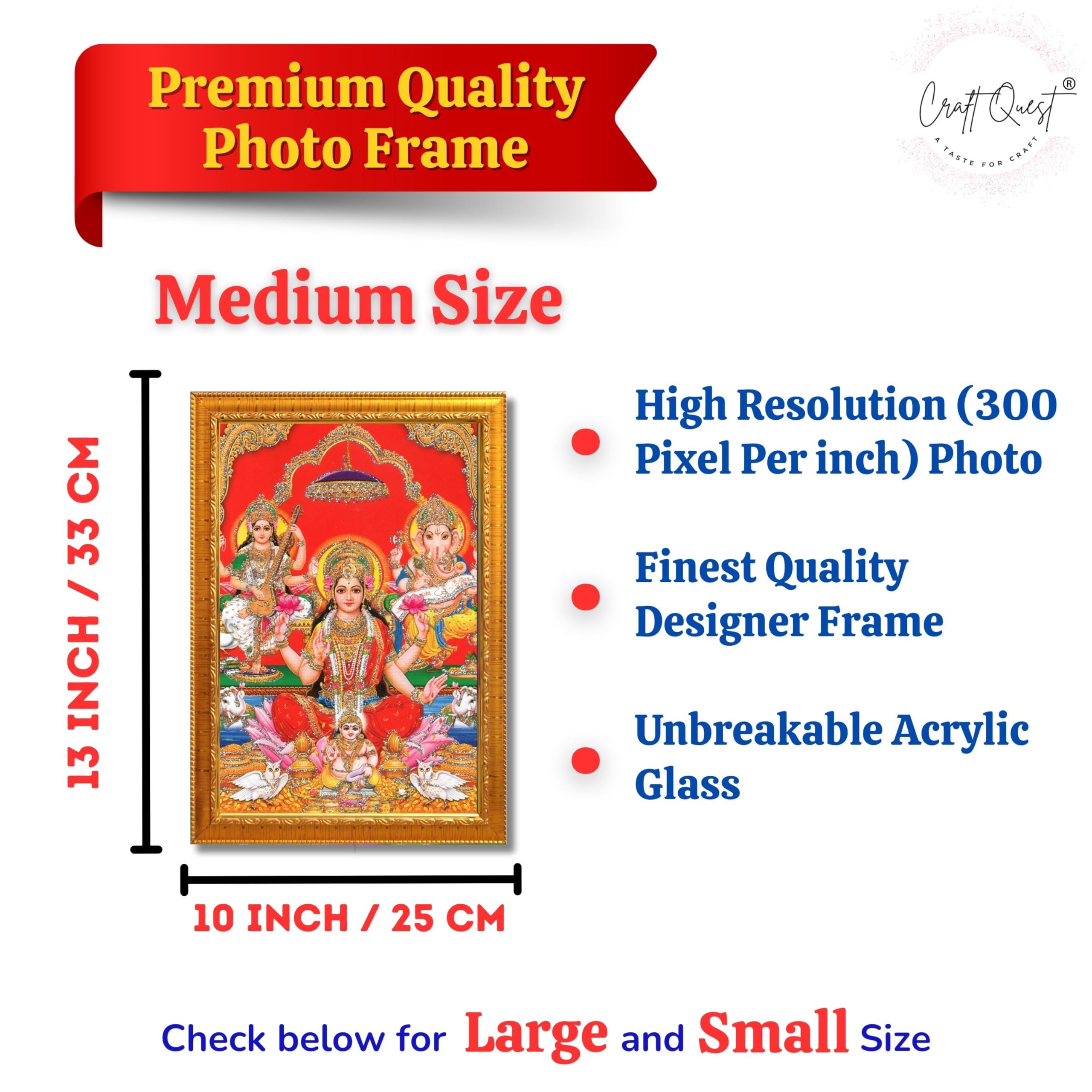 CRAFT QUEST Lord Laxmi Ganesh Saraswati Religious God Hindu Photo Frame for Diwali,Wall, Office, Temple, Pooja, Living Room Home and Decor Item