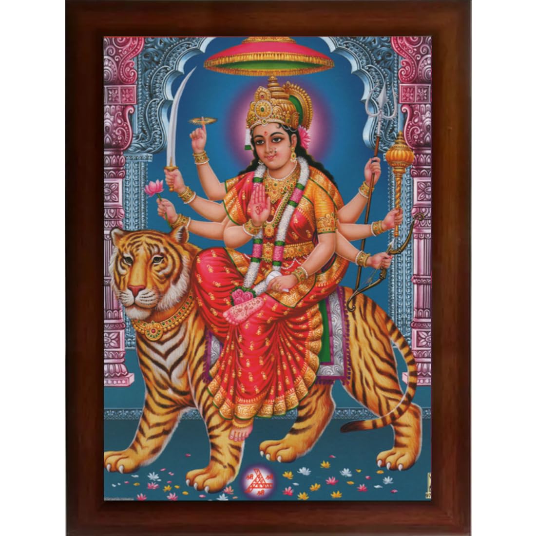 Craft Quest Durga mata photo with brown frame, God Religious Framed Painting (Large Size 14 X 10 Inches. Multicolour)