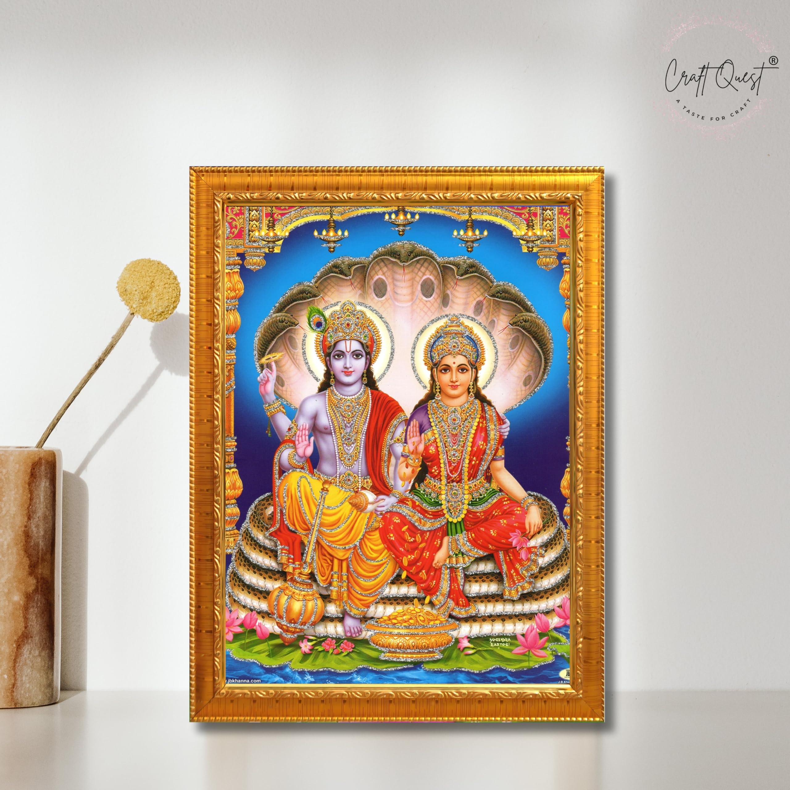 CRAFT QUEST Lord Vishnu and Goddess Lakshmi Giving Blessing on Shesh naag Glitter Painting with Golden Synthetic Frame